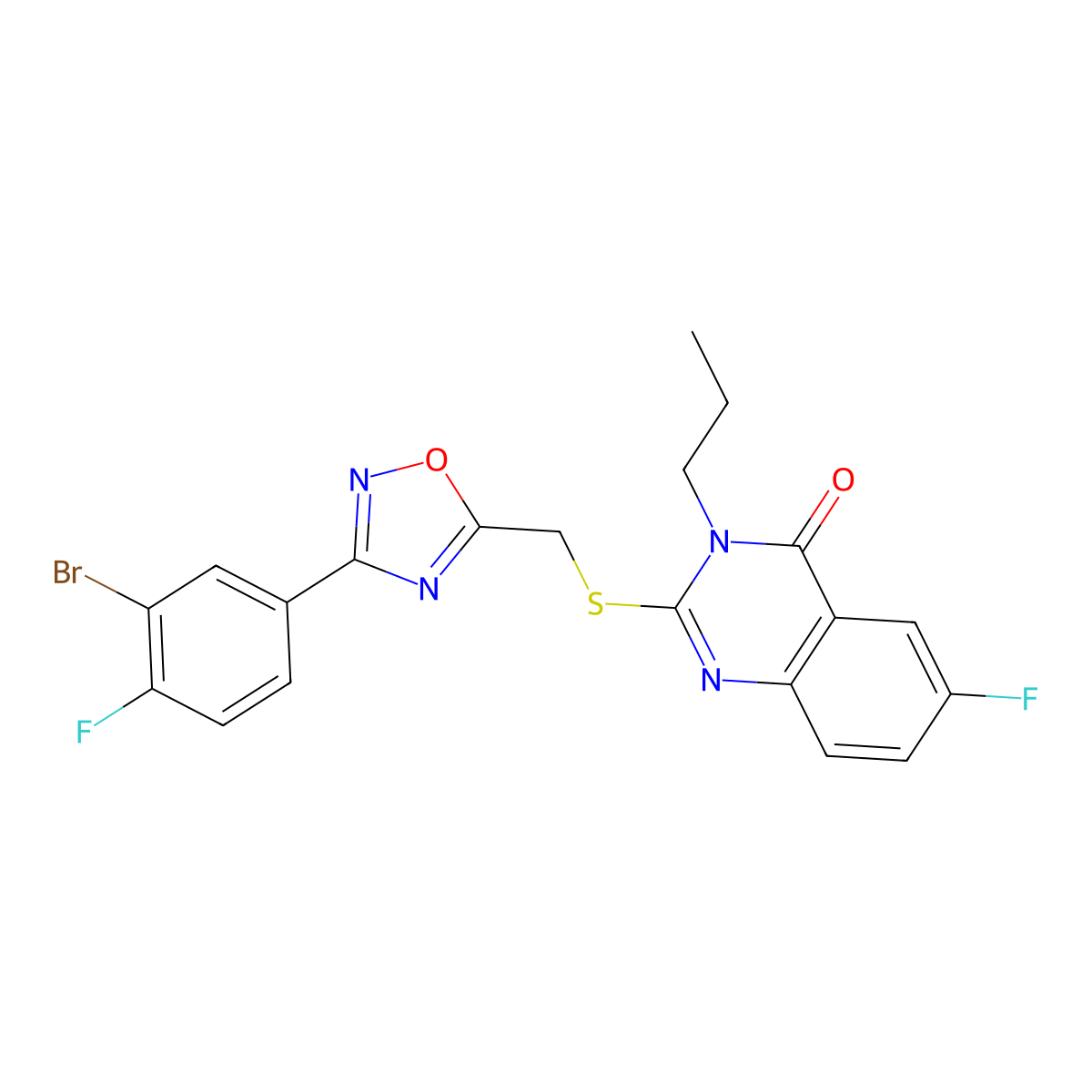 2-(((3-(3-bromo-4-fluorophenyl)-1,2,4-oxadiazol-5-yl)methyl)thio)-6-fluoro-3-propylquinazolin-4(3H)-one molecular structure, CAS 2320727-76-0