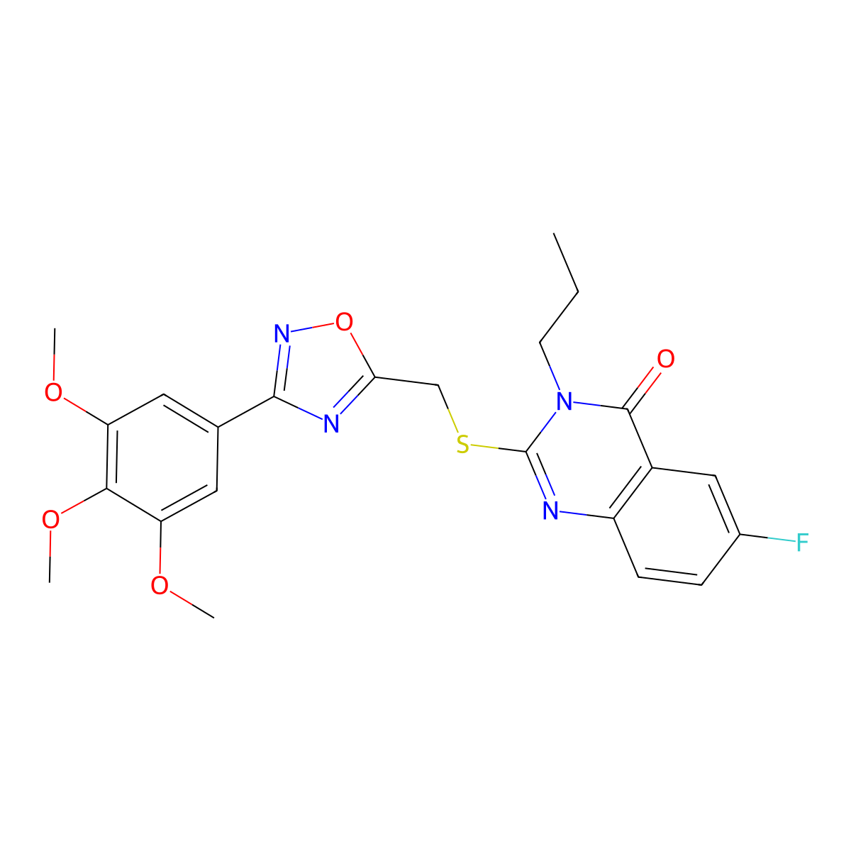 6-fluoro-3-propyl-2-(((3-(3,4,5-trimethoxyphenyl)-1,2,4-oxadiazol-5-yl)methyl)thio)quinazolin-4(3H)-one molecular structure, CAS 2320727-86-2