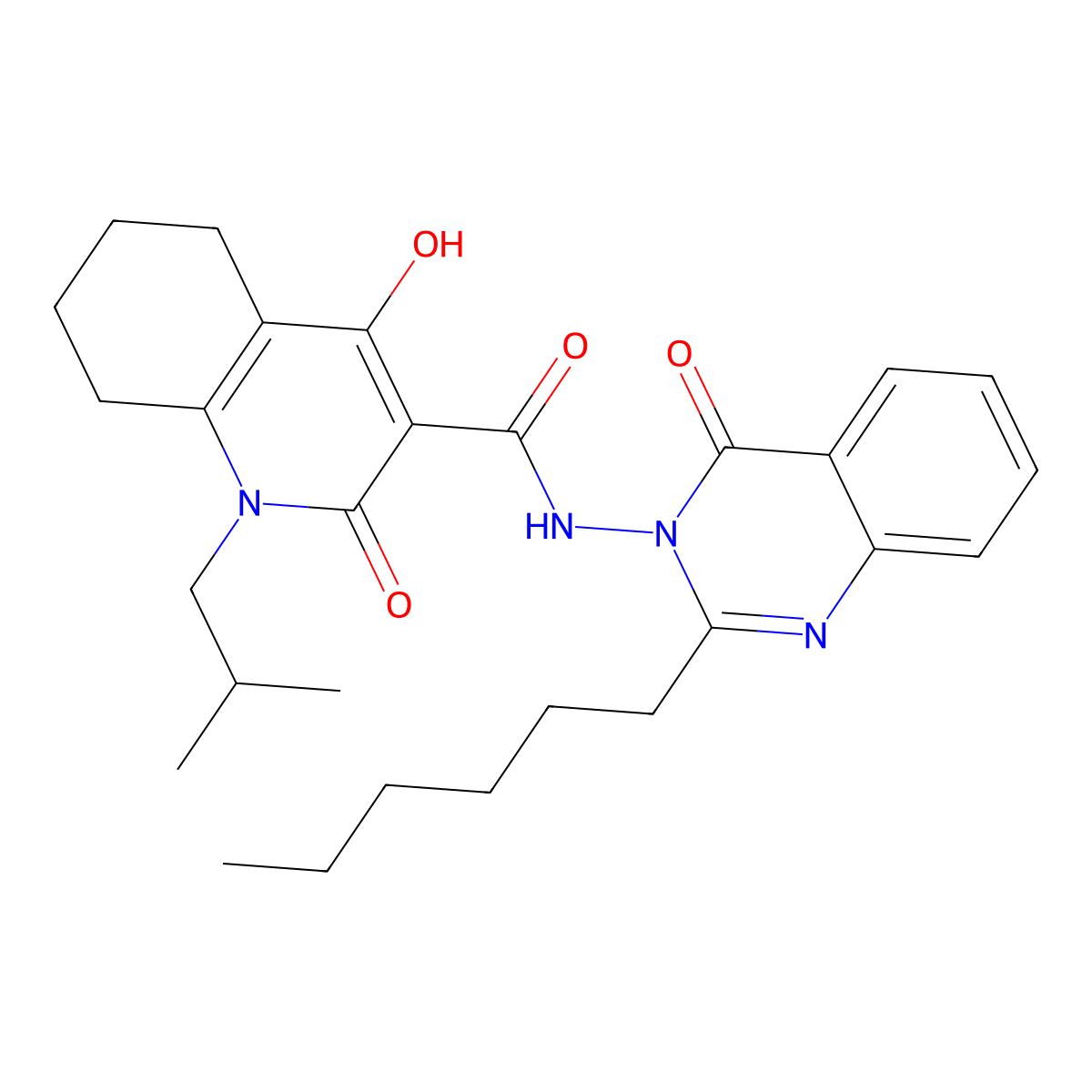 N-(2-hexyl-4-oxoquinazolin-3-yl)-2-hydroxy-1-(2-methylpropyl)-4-oxo-5,6,7,8-tetrahydroquinoline-3-carboxamide molecular structure, CAS 2320767-80-2