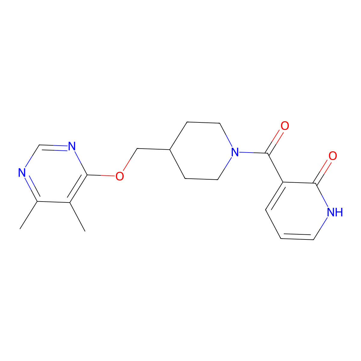 3-(4-(((5,6-dimethylpyrimidin-4-yl)oxy)methyl)piperidine-1-carbonyl)pyridin-2(1H)-one molecular structure, CAS 2320817-46-5