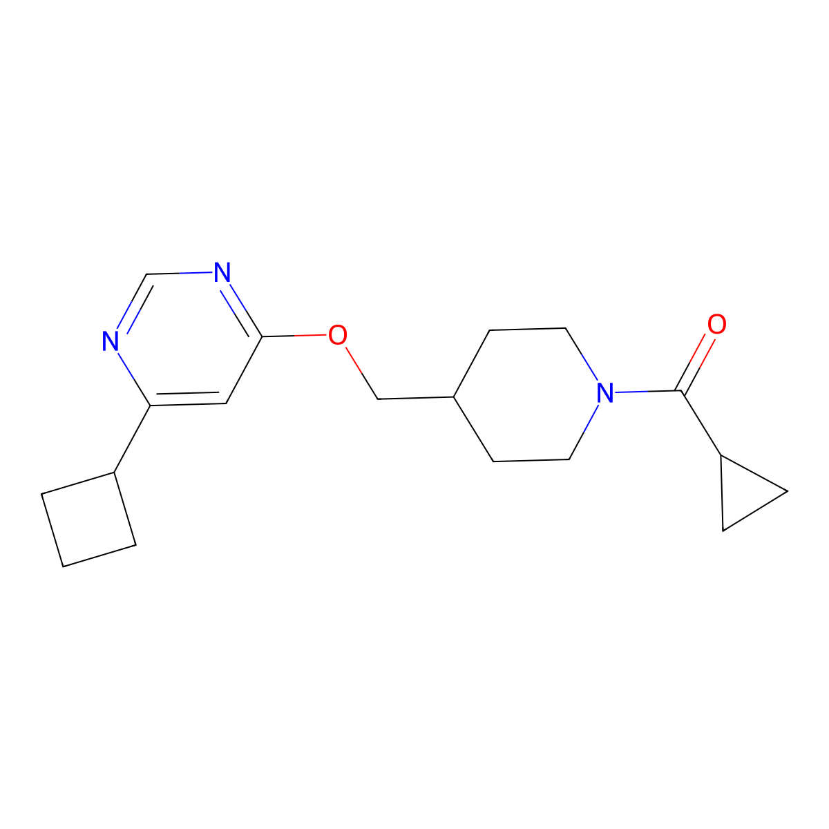 4-Cyclobutyl-6-[(1-cyclopropanecarbonylpiperidin-4-yl)methoxy]pyrimidine molecular structure, CAS 2320818-01-5