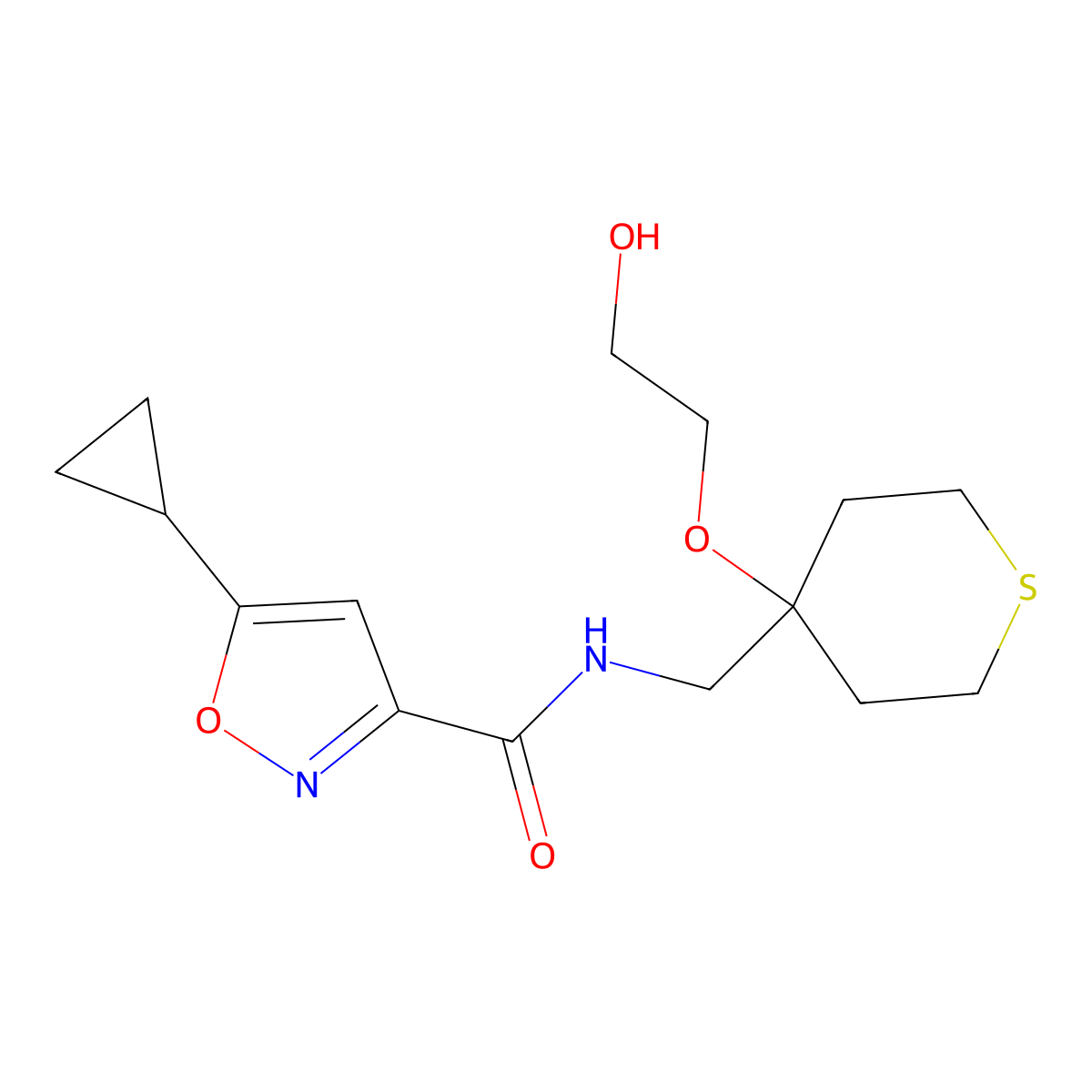 5-cyclopropyl-N-((4-(2-hydroxyethoxy)tetrahydro-2H-thiopyran-4-yl)methyl)isoxazole-3-carboxamide molecular structure, CAS 2320818-66-2