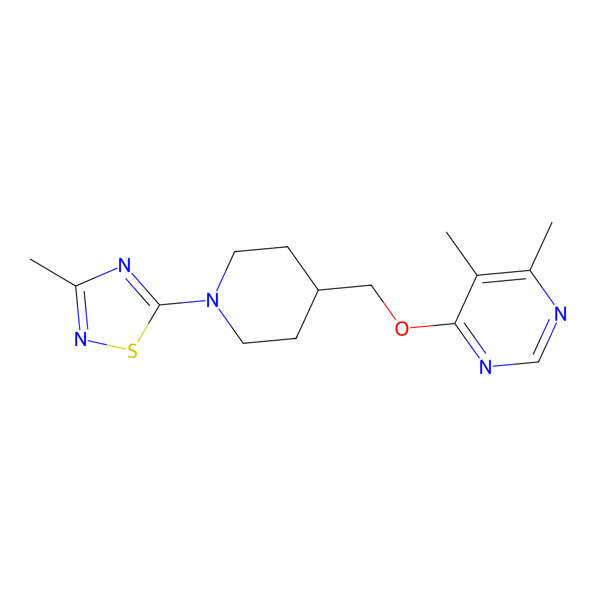4,5-Dimethyl-6-{[1-(3-methyl-1,2,4-thiadiazol-5-yl)piperidin-4-yl]methoxy}pyrimidine molecular structure, CAS 2320820-19-5