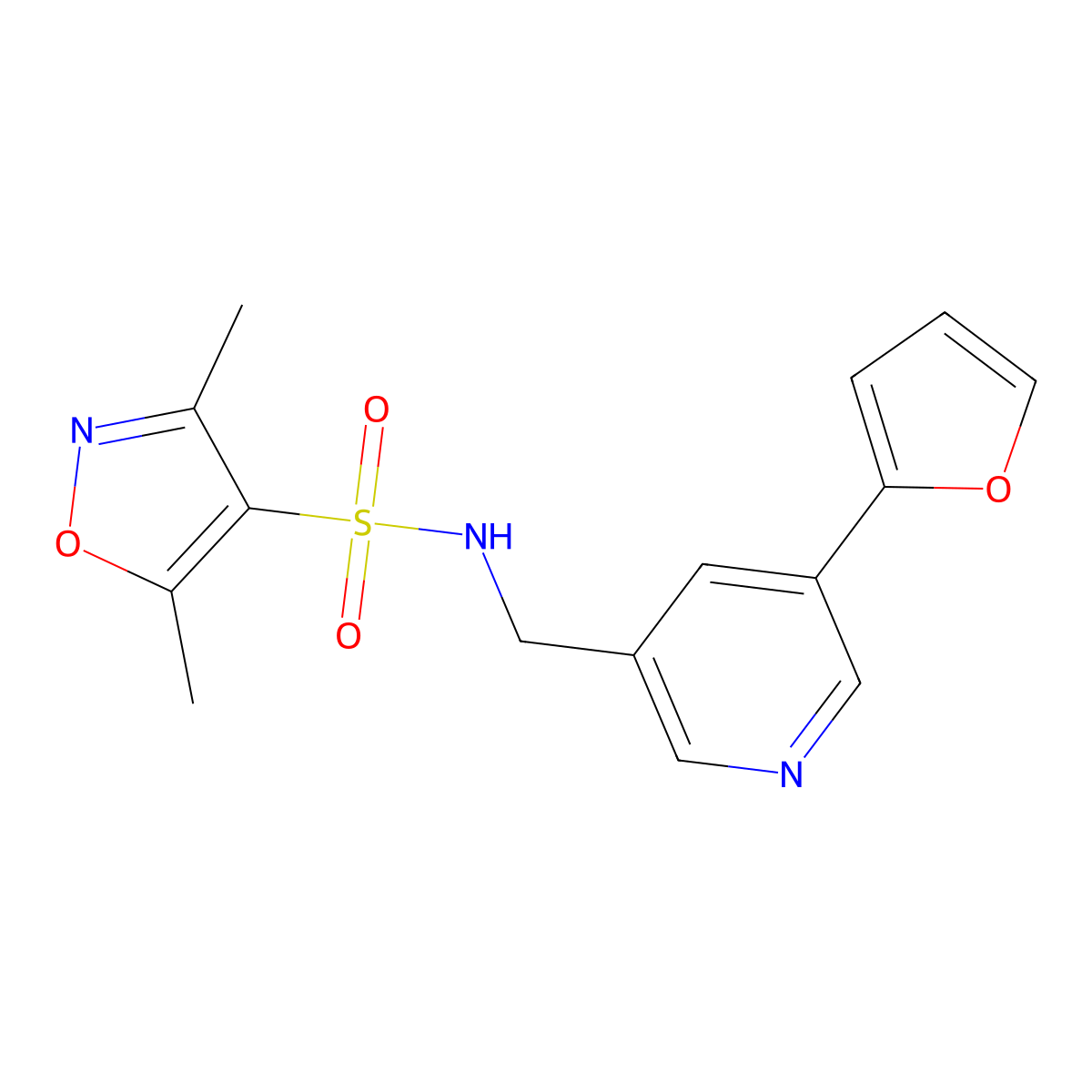 N-((5-(furan-2-yl)pyridin-3-yl)methyl)-3,5-dimethylisoxazole-4-sulfonamide molecular structure, CAS 2320821-72-3