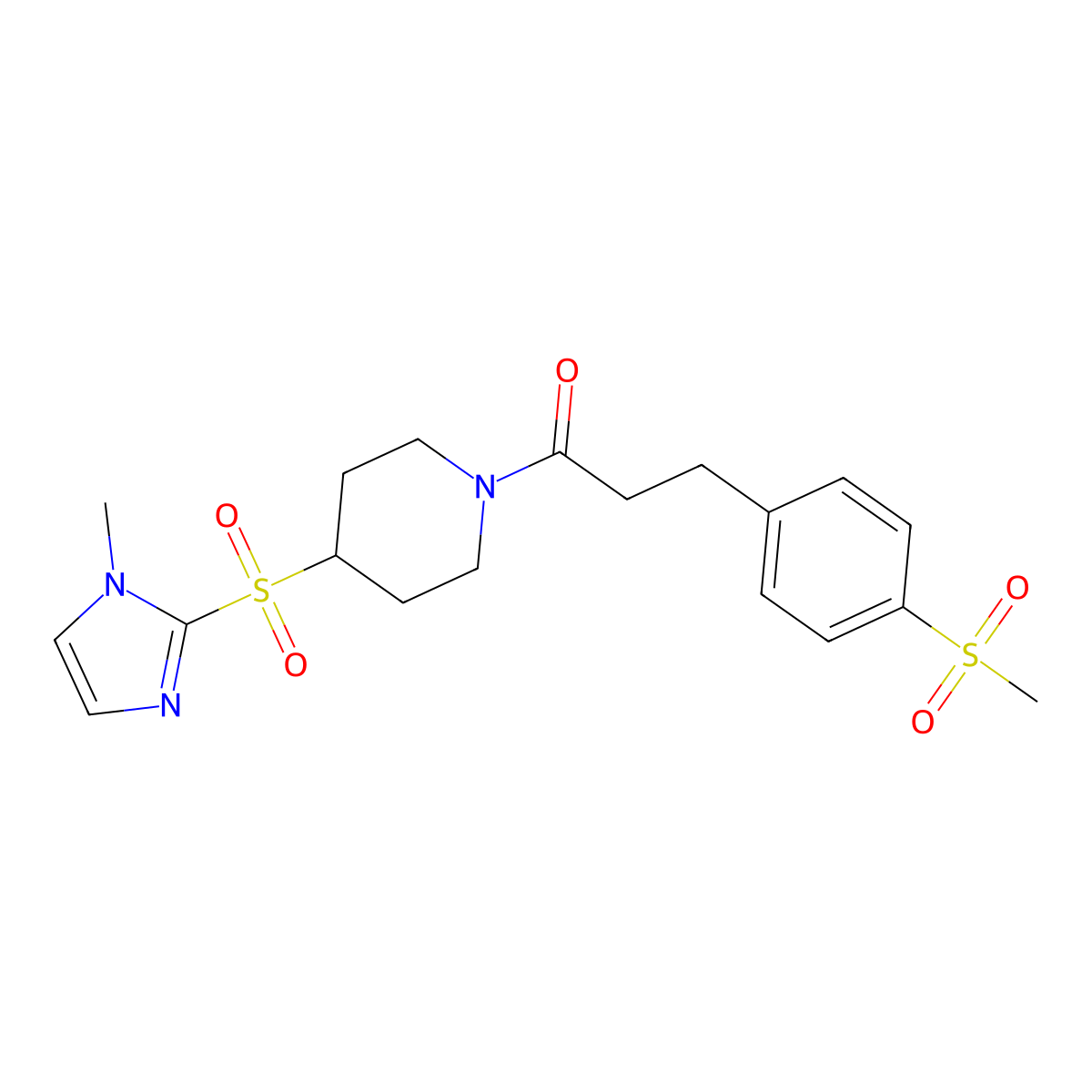 1-(4-((1-methyl-1H-imidazol-2-yl)sulfonyl)piperidin-1-yl)-3-(4-(methylsulfonyl)phenyl)propan-1-one molecular structure, CAS 2320822-63-5