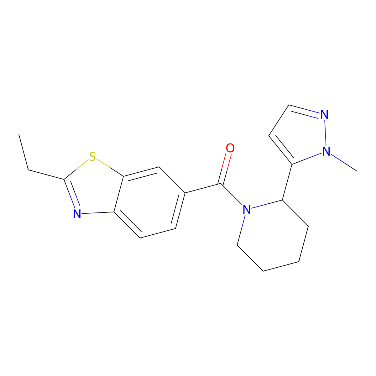 2-ethyl-6-[2-(1-methyl-1H-pyrazol-5-yl)piperidine-1-carbonyl]-1,3-benzothiazole molecular structure, CAS 2320823-83-2