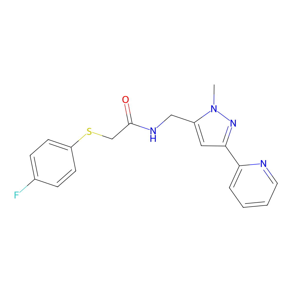 2-[(4-fluorophenyl)sulfanyl]-N-{[1-methyl-3-(pyridin-2-yl)-1H-pyrazol-5-yl]methyl}acetamide molecular structure, CAS 2320824-02-8