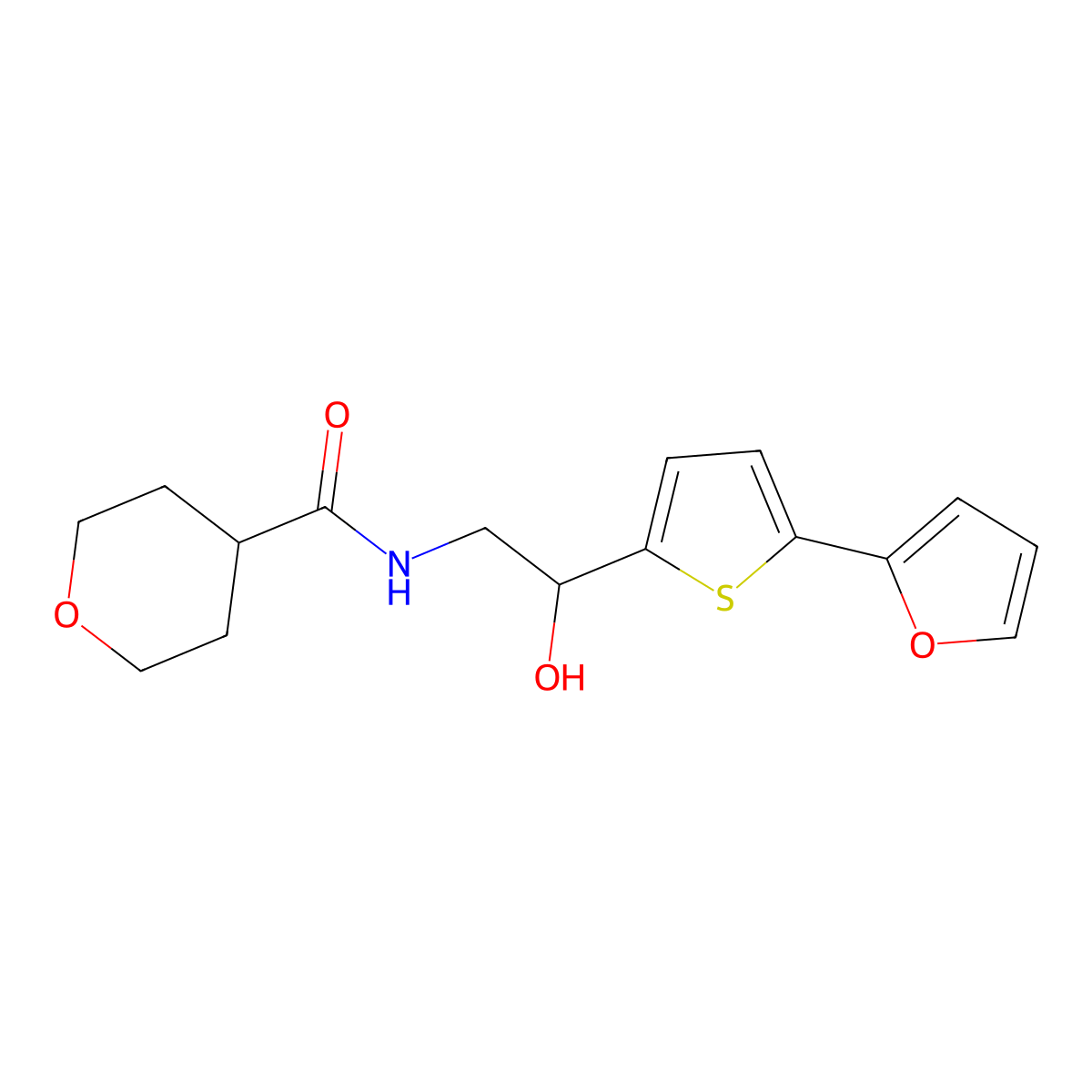 N-{2-[5-(furan-2-yl)thiophen-2-yl]-2-hydroxyethyl}oxane-4-carboxamide molecular structure, CAS 2320824-67-5