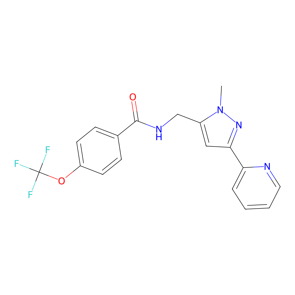 N-{[1-methyl-3-(pyridin-2-yl)-1H-pyrazol-5-yl]methyl}-4-(trifluoromethoxy)benzamide molecular structure, CAS 2320825-86-1