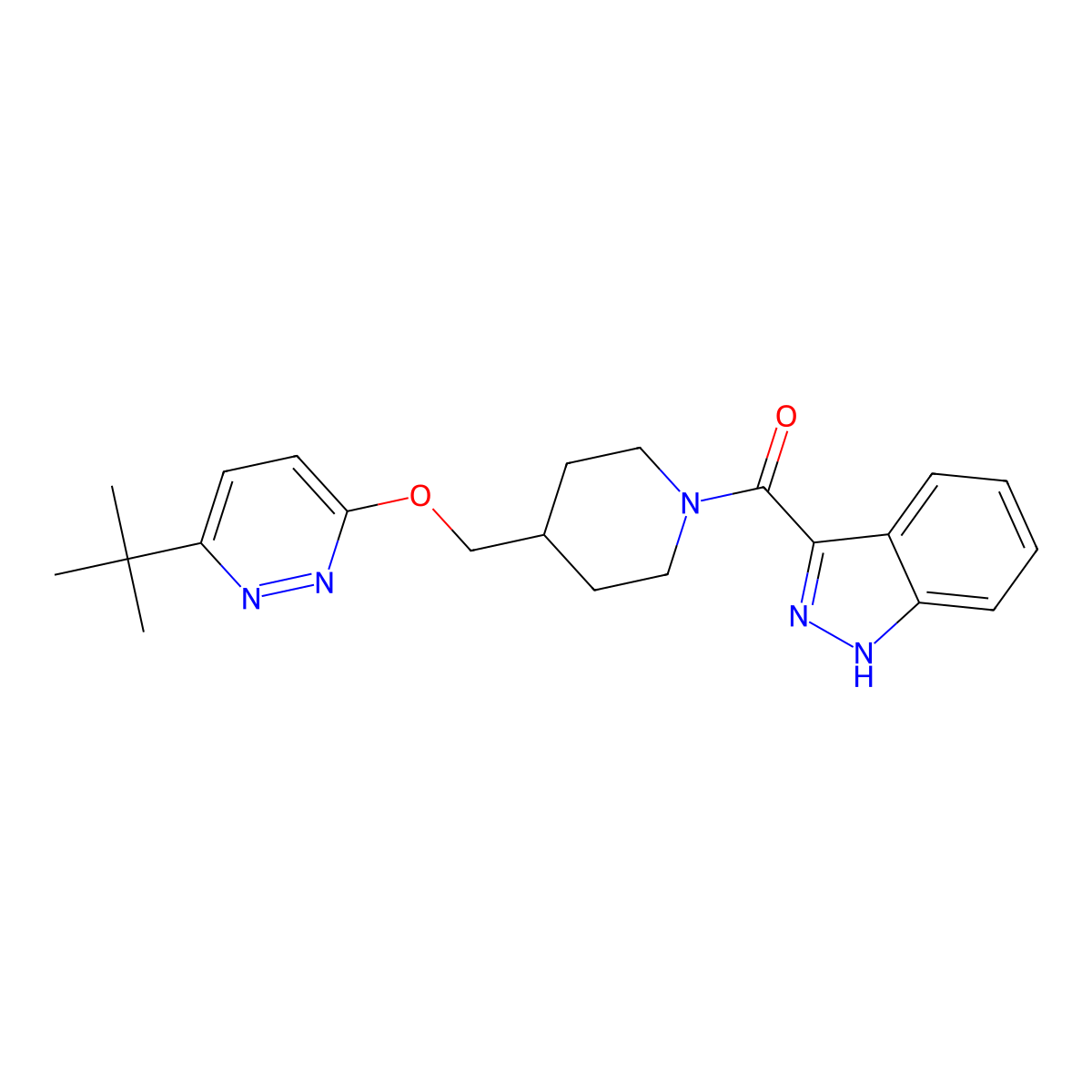 3-(4-{[(6-tert-butylpyridazin-3-yl)oxy]methyl}piperidine-1-carbonyl)-1H-indazole molecular structure, CAS 2320825-93-0