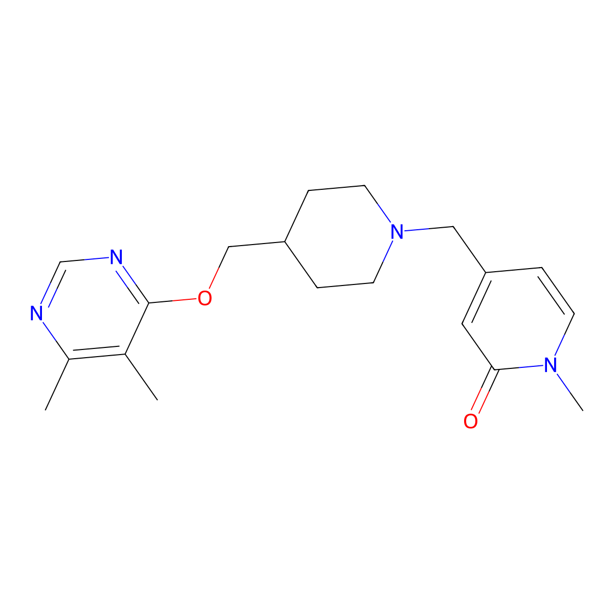 4-[(4-{[(5,6-Dimethylpyrimidin-4-yl)oxy]methyl}piperidin-1-yl)methyl]-1-methyl-1,2-dihydropyridin-2-one molecular structure, CAS 2320850-80-2