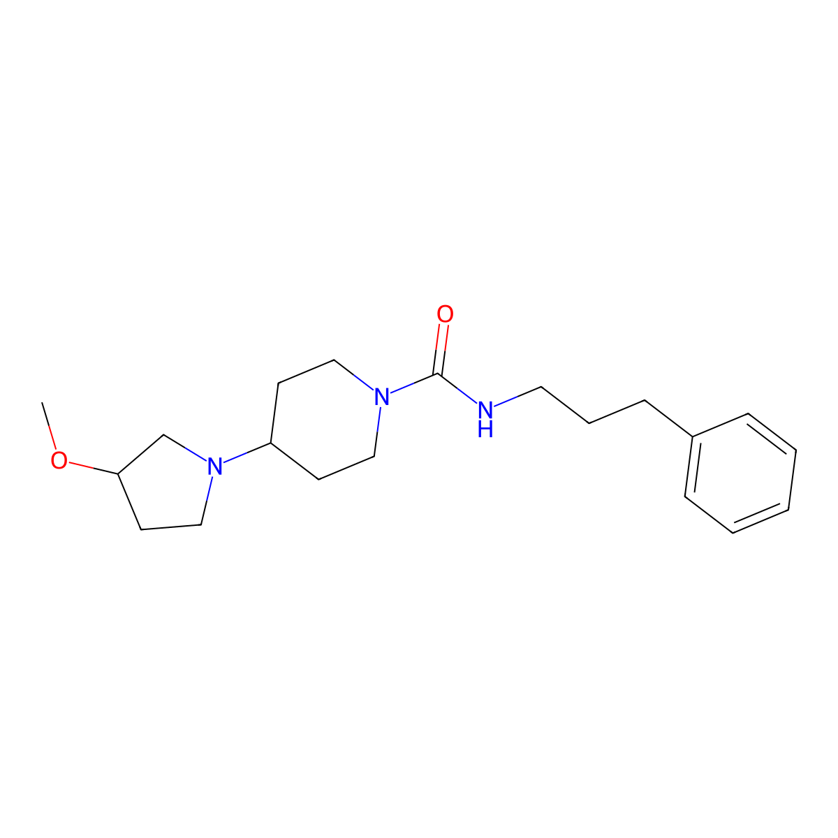 4-(3-methoxypyrrolidin-1-yl)-N-(3-phenylpropyl)piperidine-1-carboxamide molecular structure, CAS 2320850-99-3