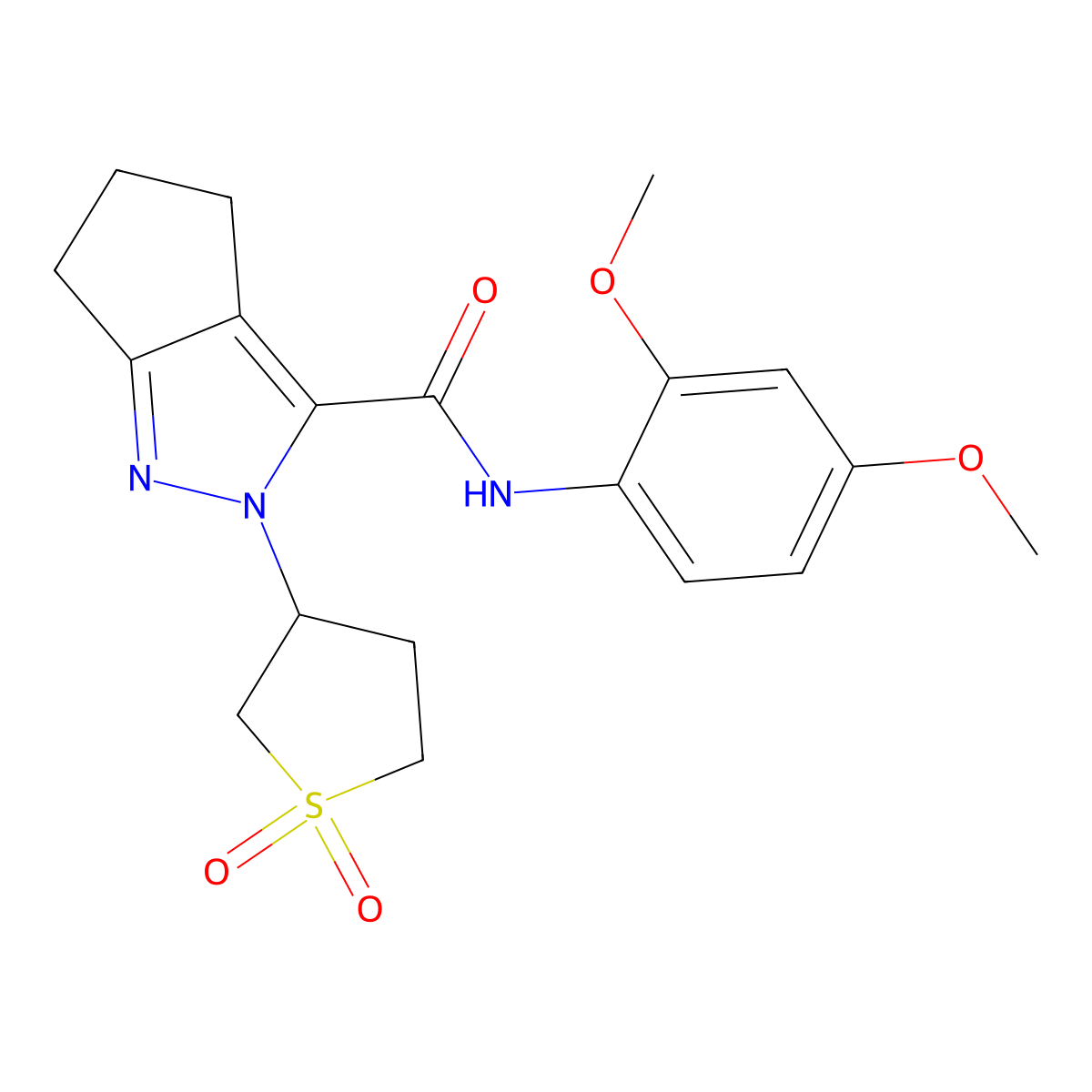 N-(2,4-dimethoxyphenyl)-2-(1,1-dioxidotetrahydrothiophen-3-yl)-2,4,5,6-tetrahydrocyclopenta[c]pyrazole-3-carboxamide molecular structure, CAS 2320851-45-2