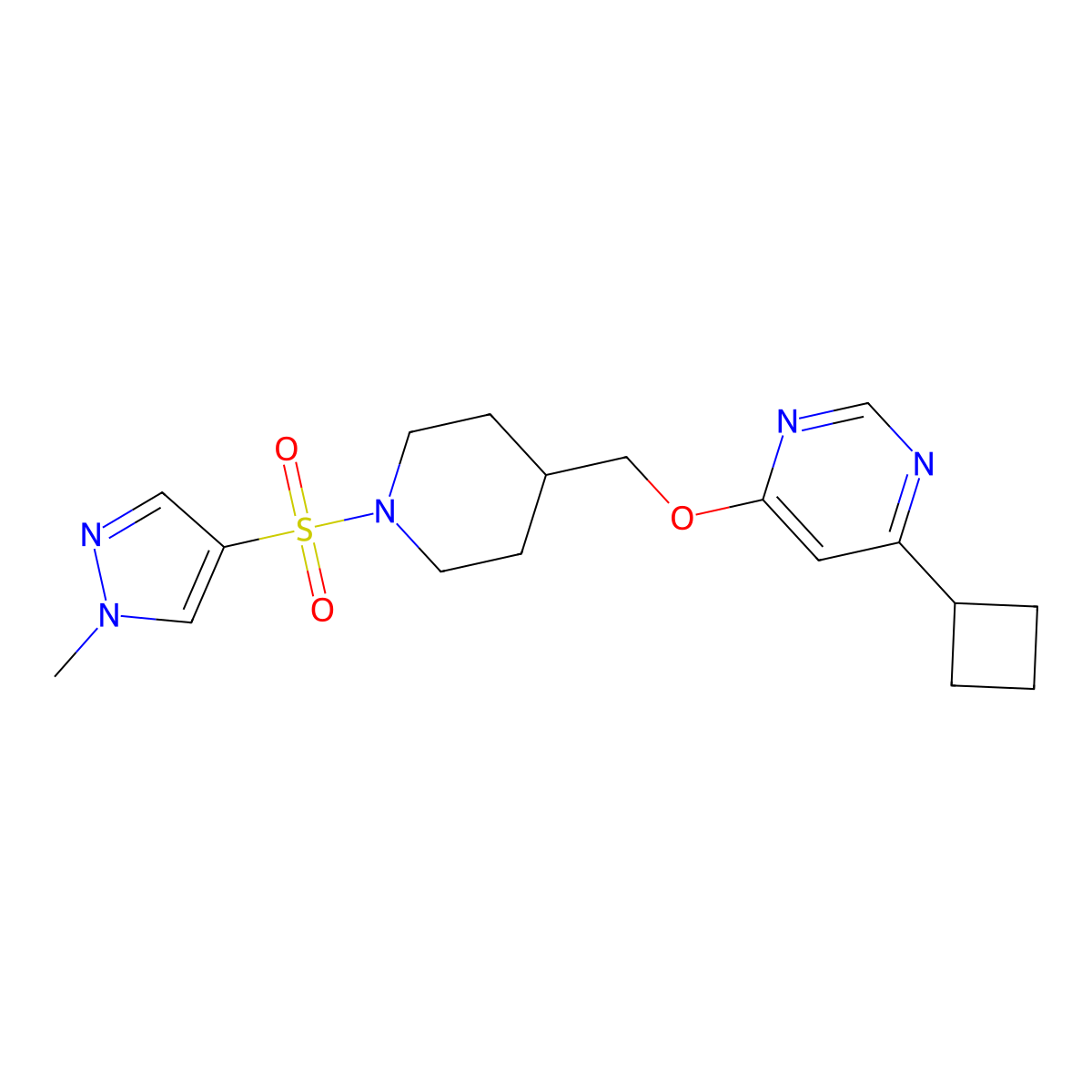 4-cyclobutyl-6-((1-((1-methyl-1H-pyrazol-4-yl)sulfonyl)piperidin-4-yl)methoxy)pyrimidine molecular structure, CAS 2320852-15-9