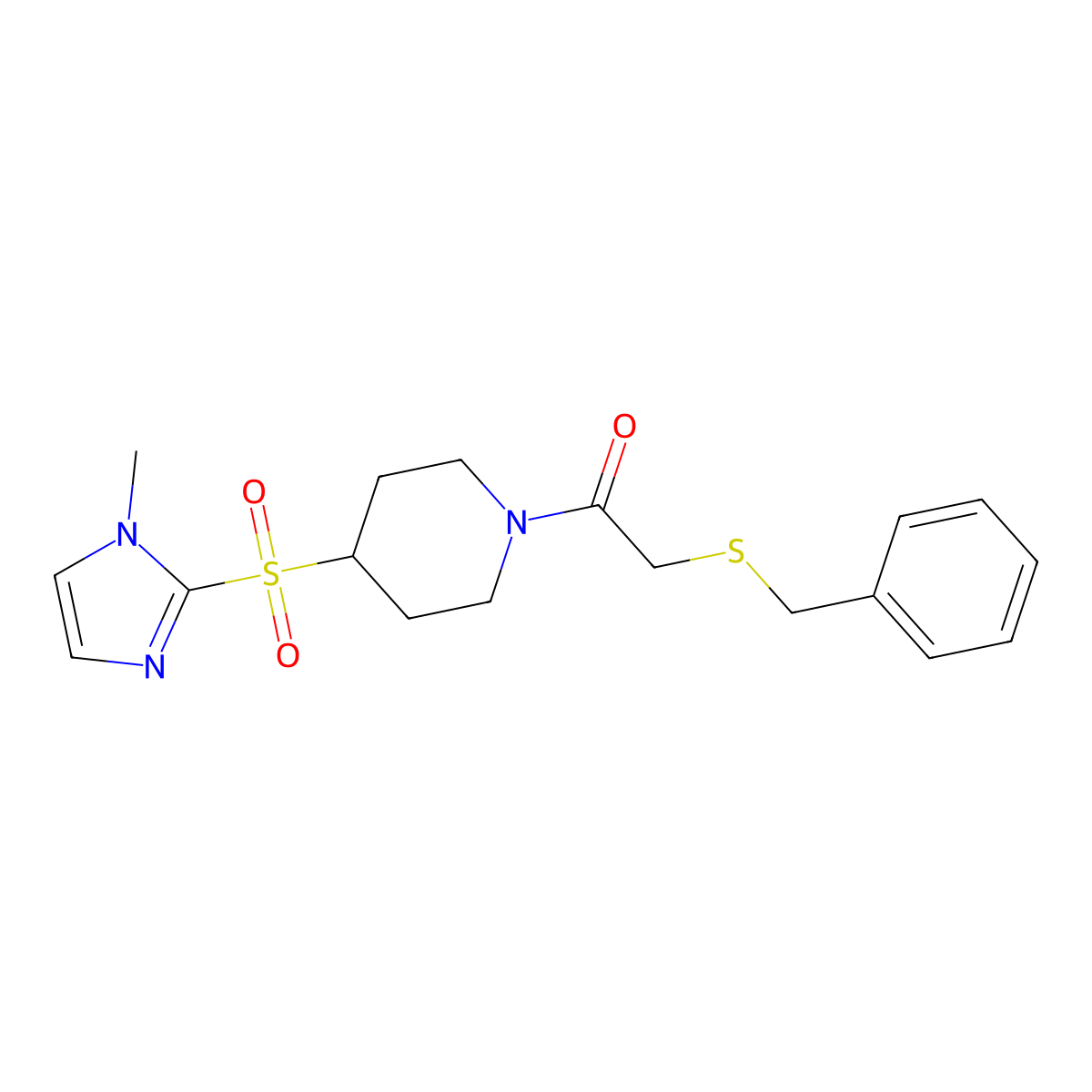 2-(benzylthio)-1-(4-((1-methyl-1H-imidazol-2-yl)sulfonyl)piperidin-1-yl)ethanone molecular structure, CAS 2320852-21-7