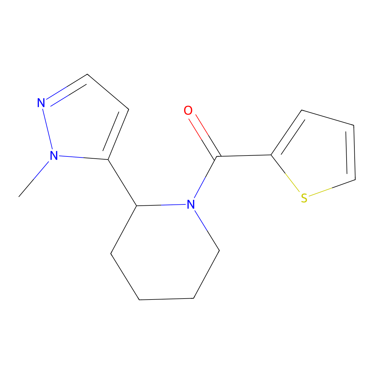 2-(1-methyl-1H-pyrazol-5-yl)-1-(thiophene-2-carbonyl)piperidine molecular structure, CAS 2320852-97-7