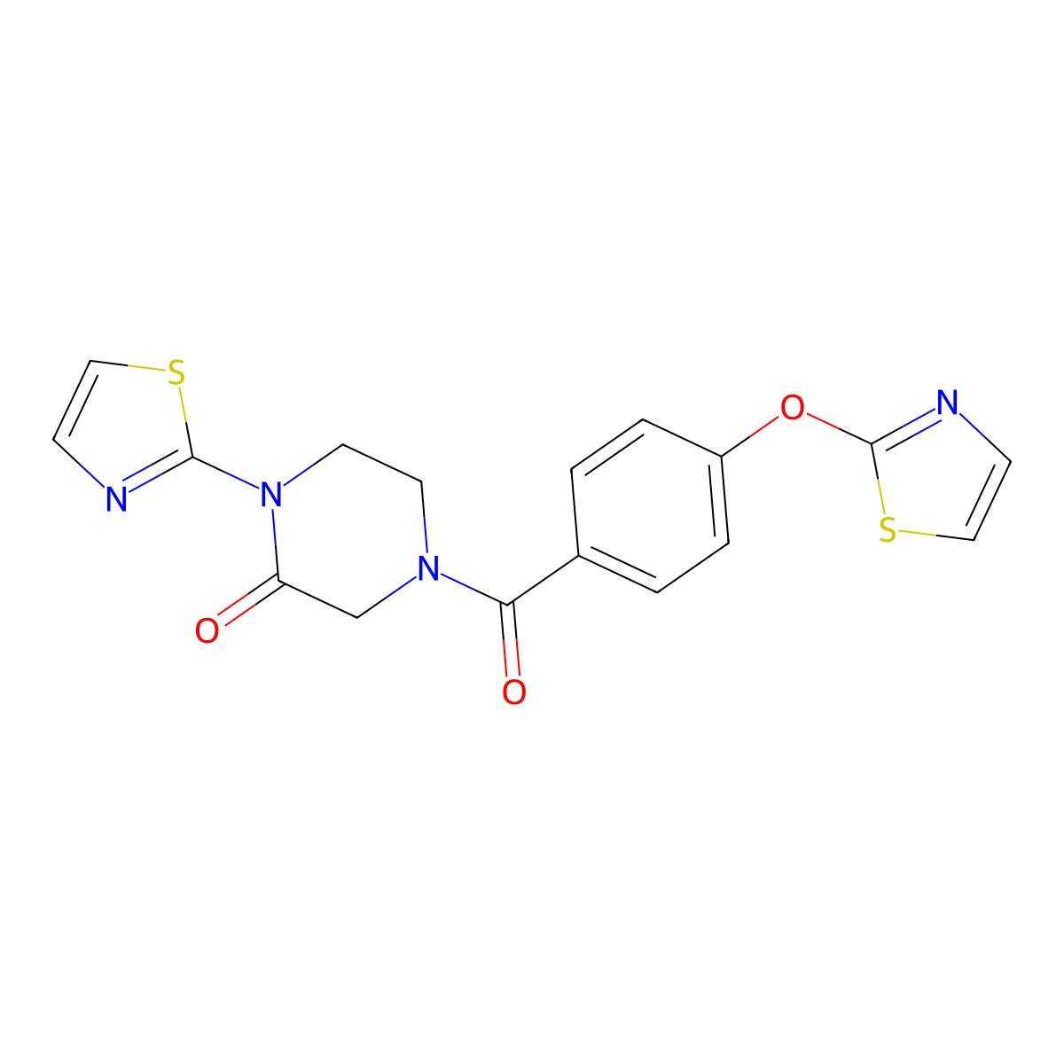 1-(1,3-Thiazol-2-yl)-4-[4-(1,3-thiazol-2-yloxy)benzoyl]piperazin-2-one molecular structure, CAS 2320854-30-4