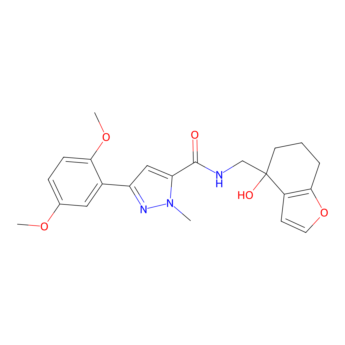 3-(2,5-dimethoxyphenyl)-N-[(4-hydroxy-4,5,6,7-tetrahydro-1-benzofuran-4-yl)methyl]-1-methyl-1H-pyrazole-5-carboxamide molecular structure, CAS 2320854-33-7