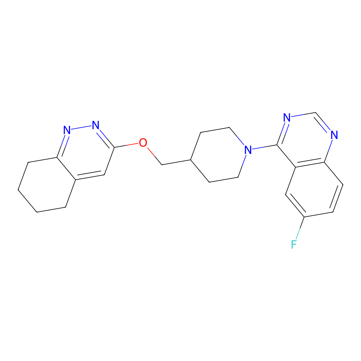 6-Fluoro-4-{4-[(5,6,7,8-tetrahydrocinnolin-3-yloxy)methyl]piperidin-1-yl}quinazoline molecular structure, CAS 2320854-64-4