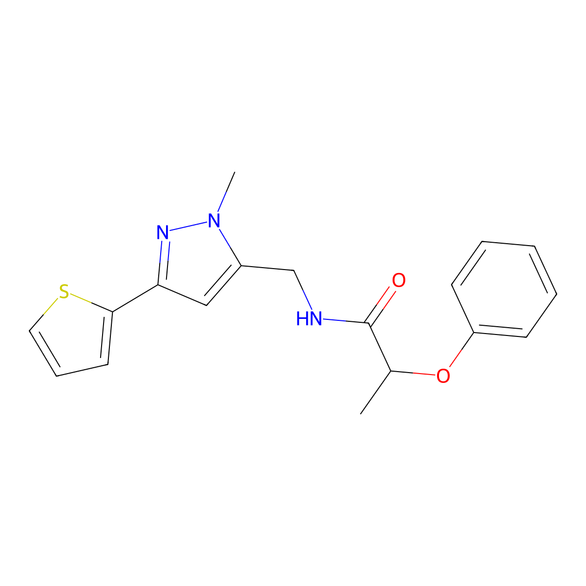 N-{[1-methyl-3-(thiophen-2-yl)-1H-pyrazol-5-yl]methyl}-2-phenoxypropanamide molecular structure, CAS 2320855-01-2