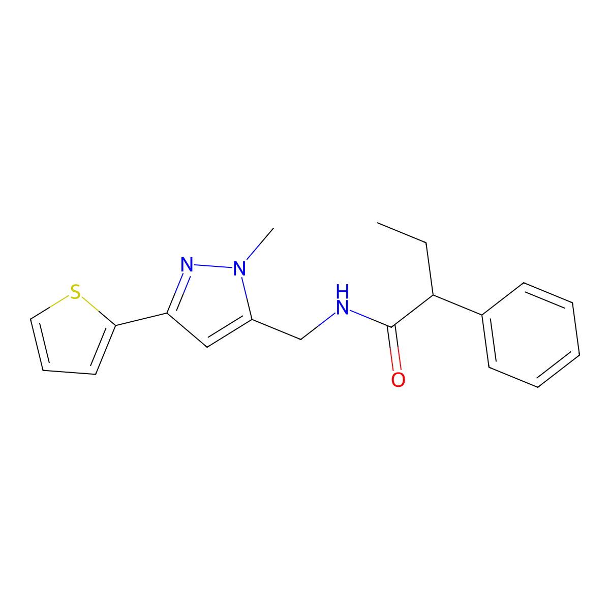 N-{[1-methyl-3-(thiophen-2-yl)-1H-pyrazol-5-yl]methyl}-2-phenylbutanamide molecular structure, CAS 2320855-30-7