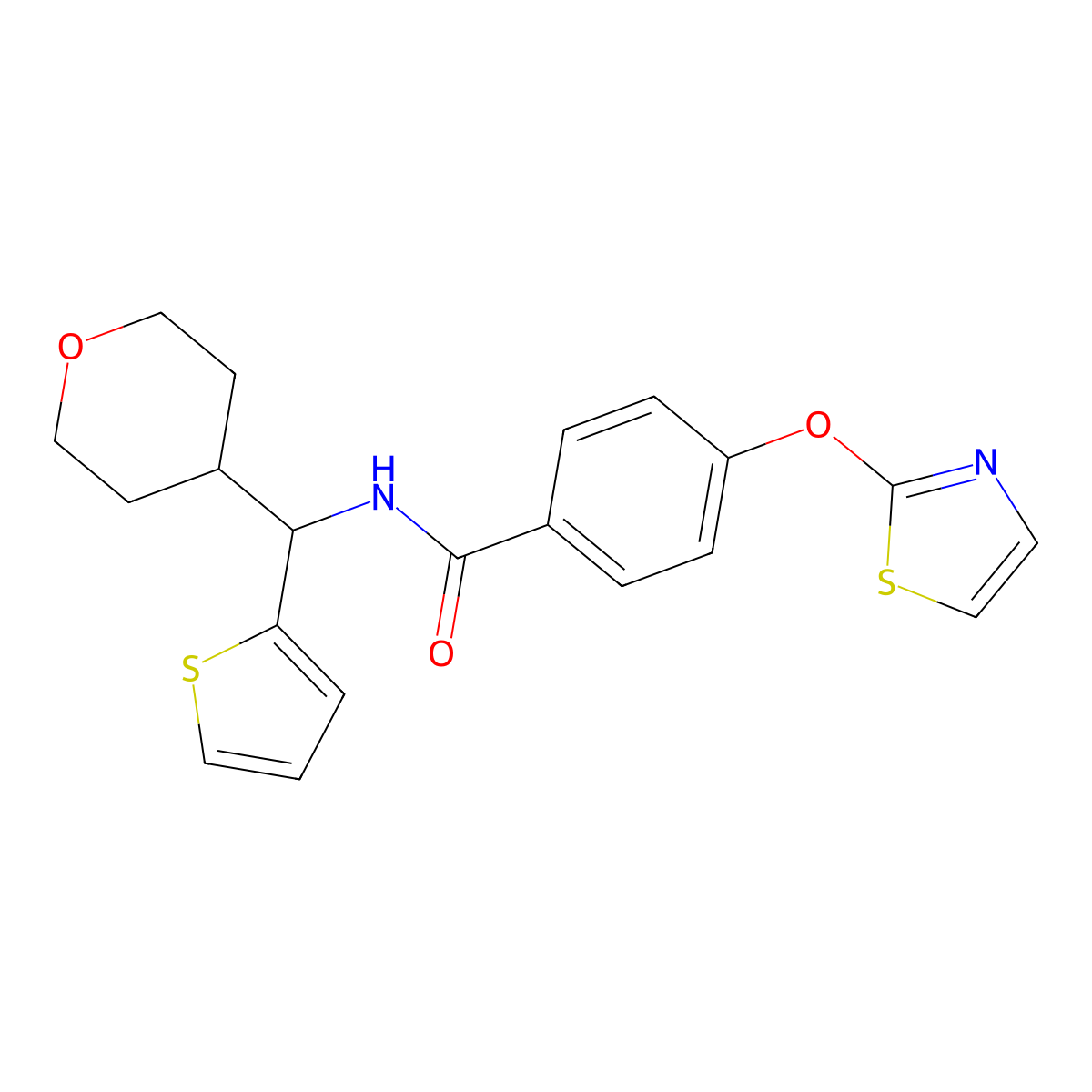 N-[(oxan-4-yl)(thiophen-2-yl)methyl]-4-(1,3-thiazol-2-yloxy)benzamide molecular structure, CAS 2320855-44-3