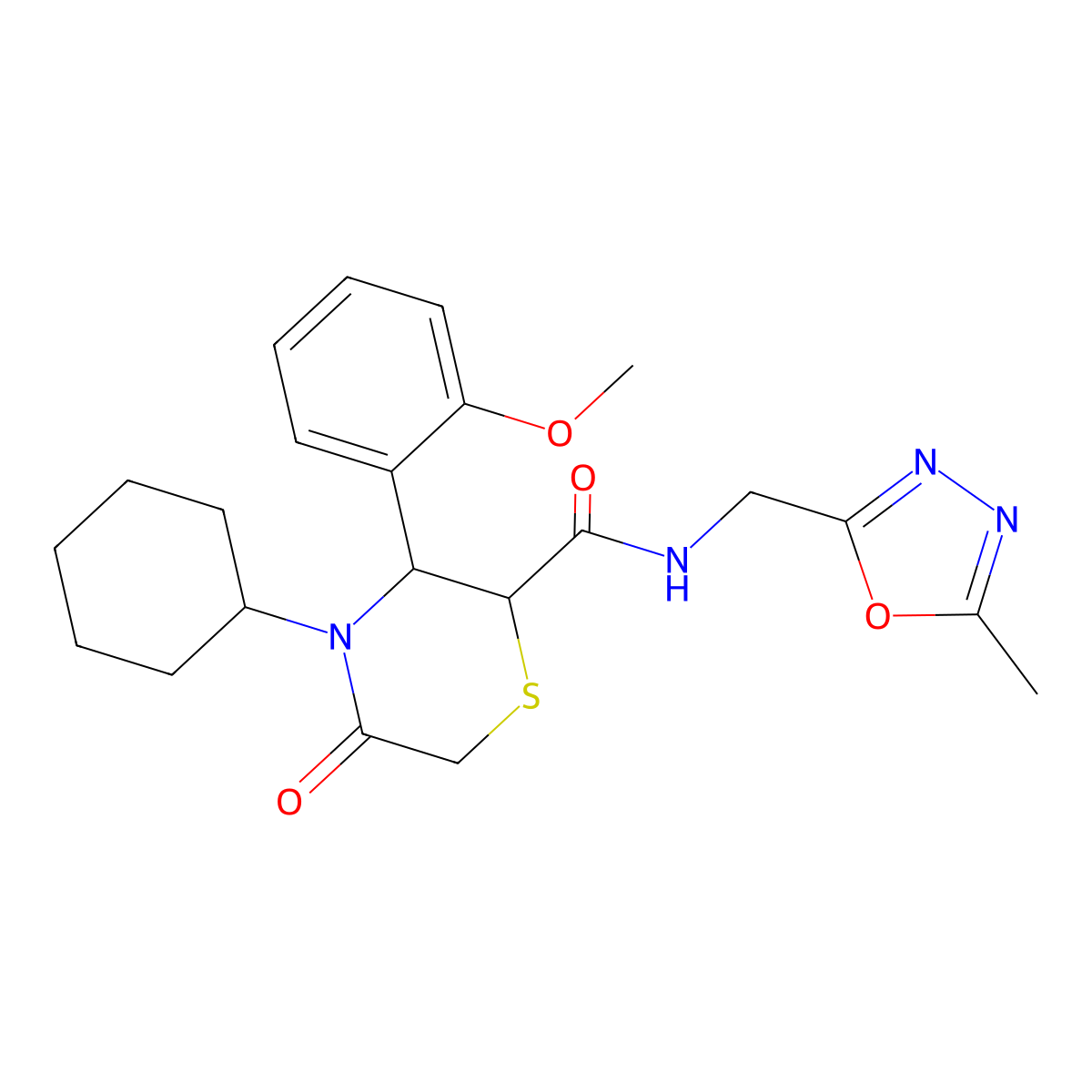 4-Cyclohexyl-3-(2-methoxyphenyl)-N-[(5-methyl-1,3,4-oxadiazol-2-yl)methyl]-5-oxothiomorpholine-2-carboxamide molecular structure, CAS 2320856-34-4