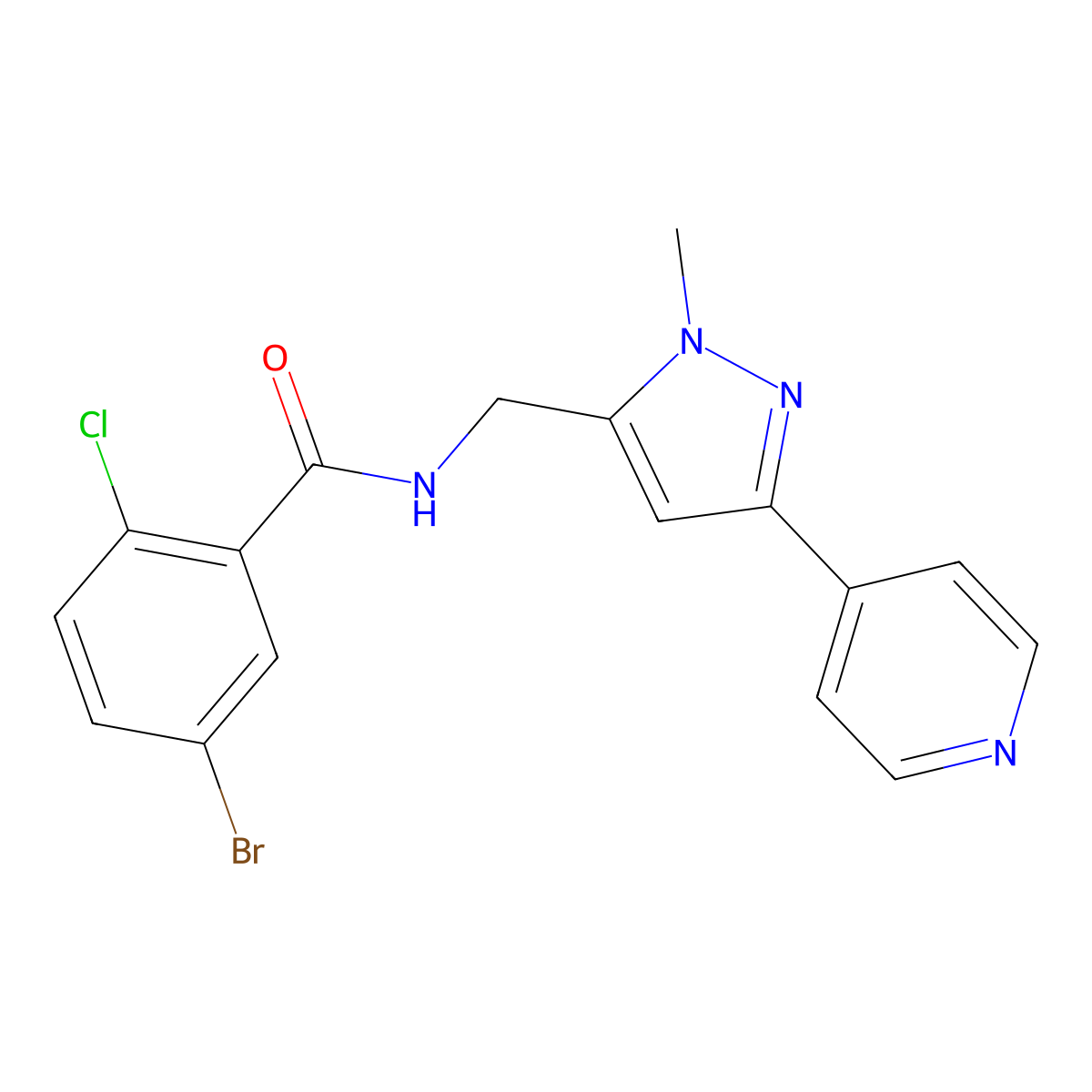 5-bromo-2-chloro-N-{[1-methyl-3-(pyridin-4-yl)-1H-pyrazol-5-yl]methyl}benzamide molecular structure, CAS 2320856-39-9