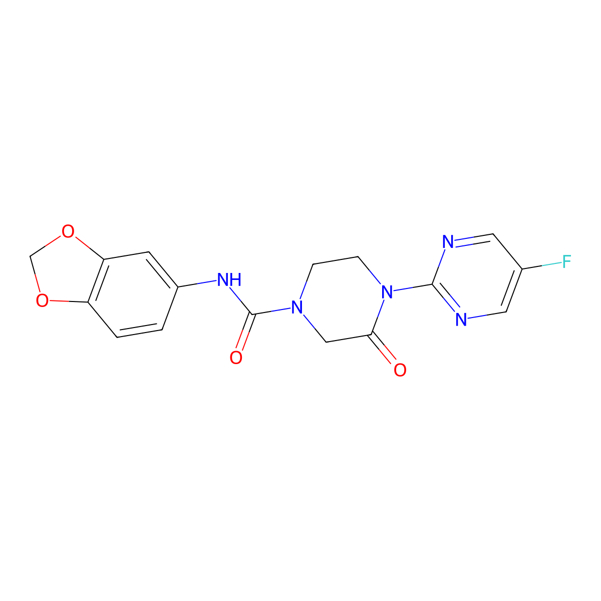 N-(1,3-Benzodioxol-5-yl)-4-(5-fluoropyrimidin-2-yl)-3-oxopiperazine-1-carboxamide molecular structure, CAS 2320856-73-1