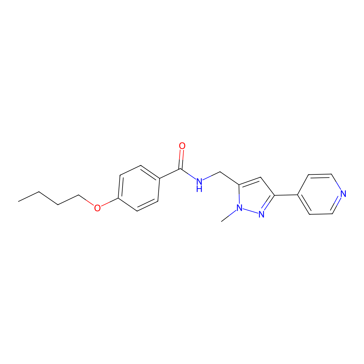 4-butoxy-N-{[1-methyl-3-(pyridin-4-yl)-1H-pyrazol-5-yl]methyl}benzamide molecular structure, CAS 2320856-95-7