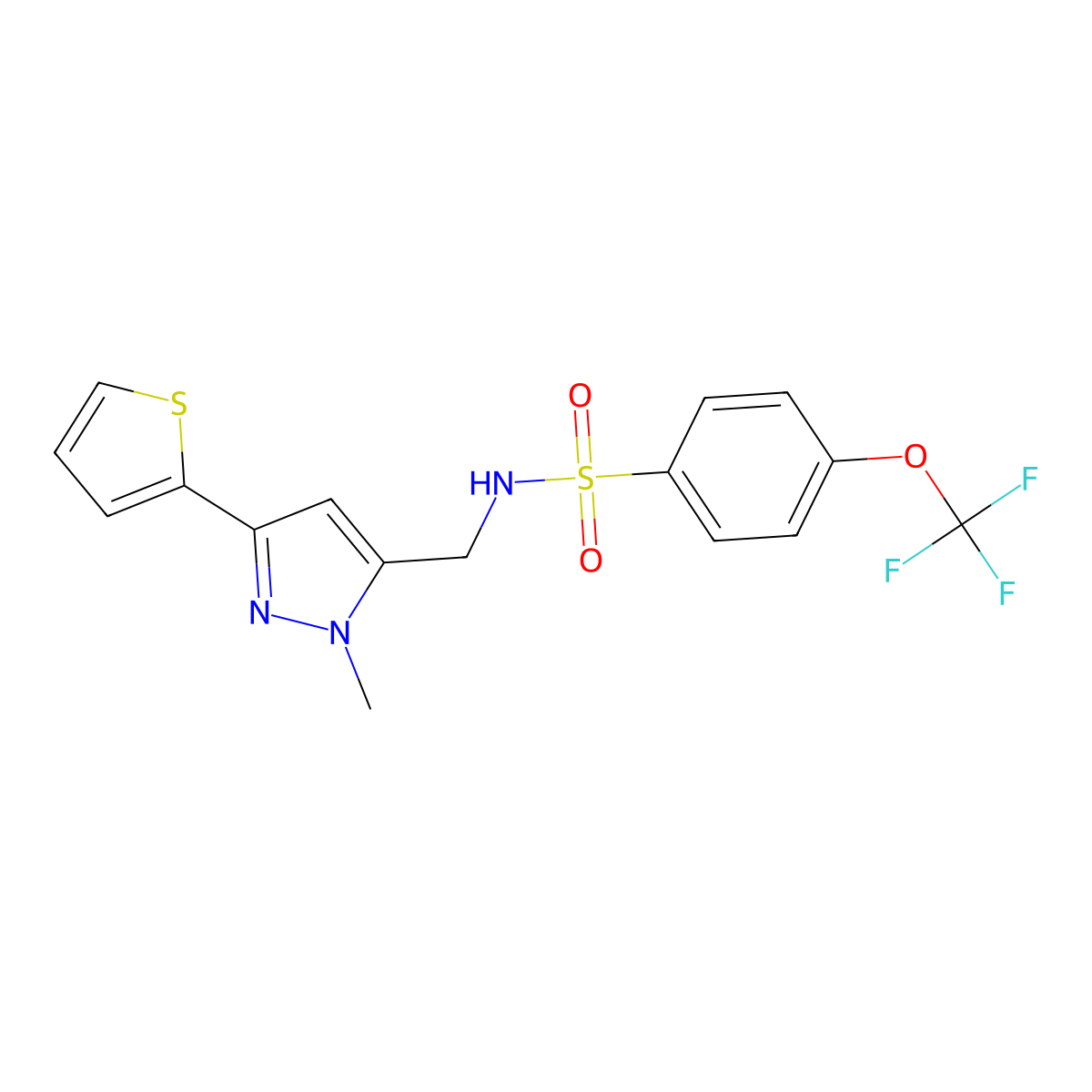 N-{[1-methyl-3-(thiophen-2-yl)-1H-pyrazol-5-yl]methyl}-4-(trifluoromethoxy)benzene-1-sulfonamide molecular structure, CAS 2320857-08-5