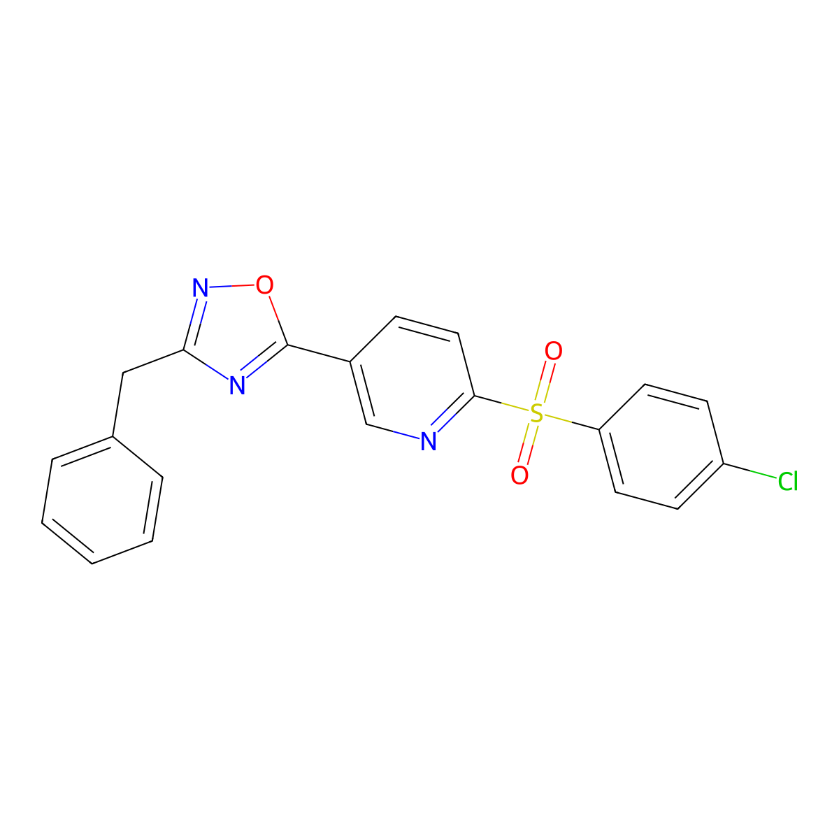 5-(3-Benzyl-1,2,4-oxadiazol-5-yl)-2-(4-chlorobenzenesulfonyl)pyridine molecular structure, CAS 2320857-46-1