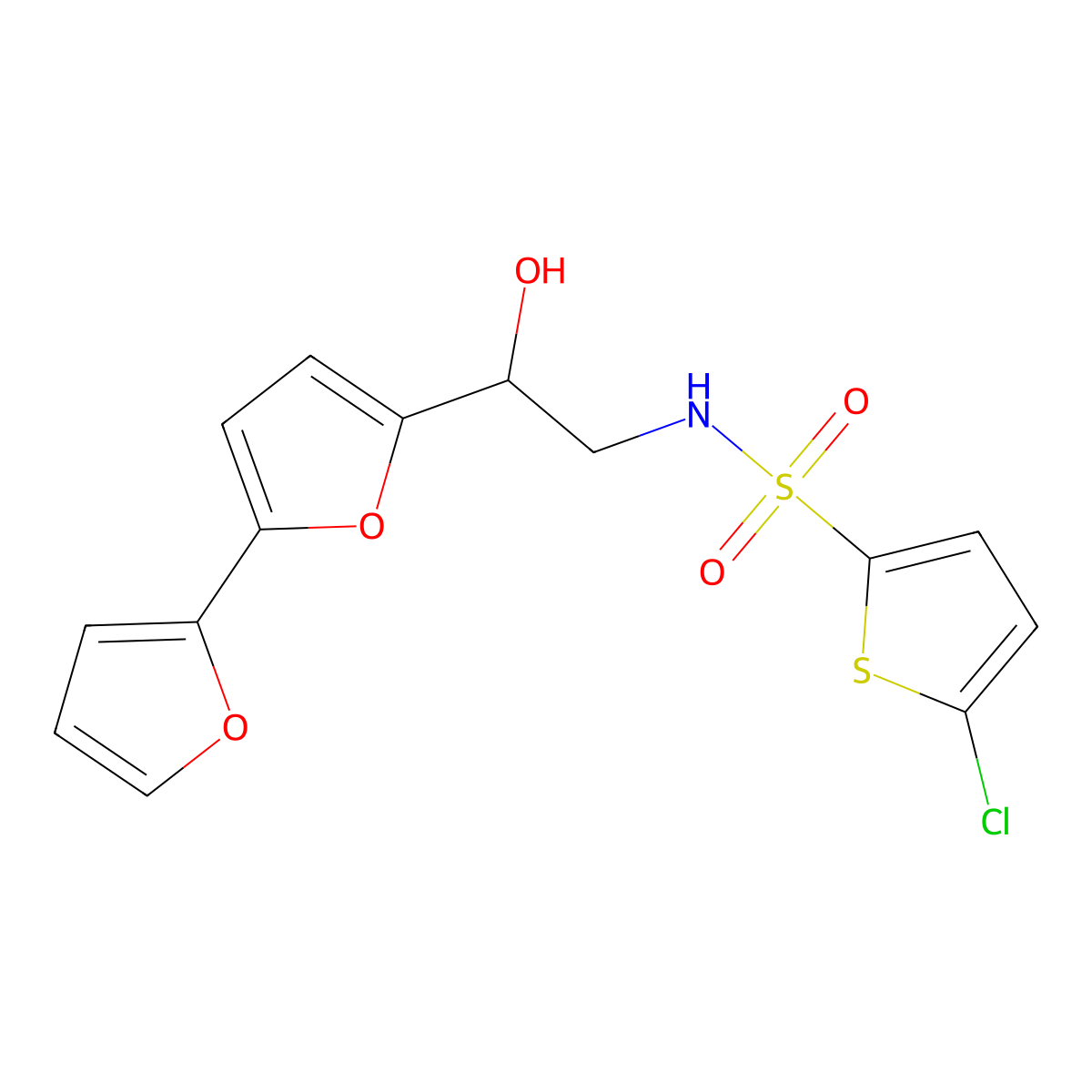 N-(2-{[2,2'-bifuran]-5-yl}-2-hydroxyethyl)-5-chlorothiophene-2-sulfonamide molecular structure, CAS 2320857-61-0