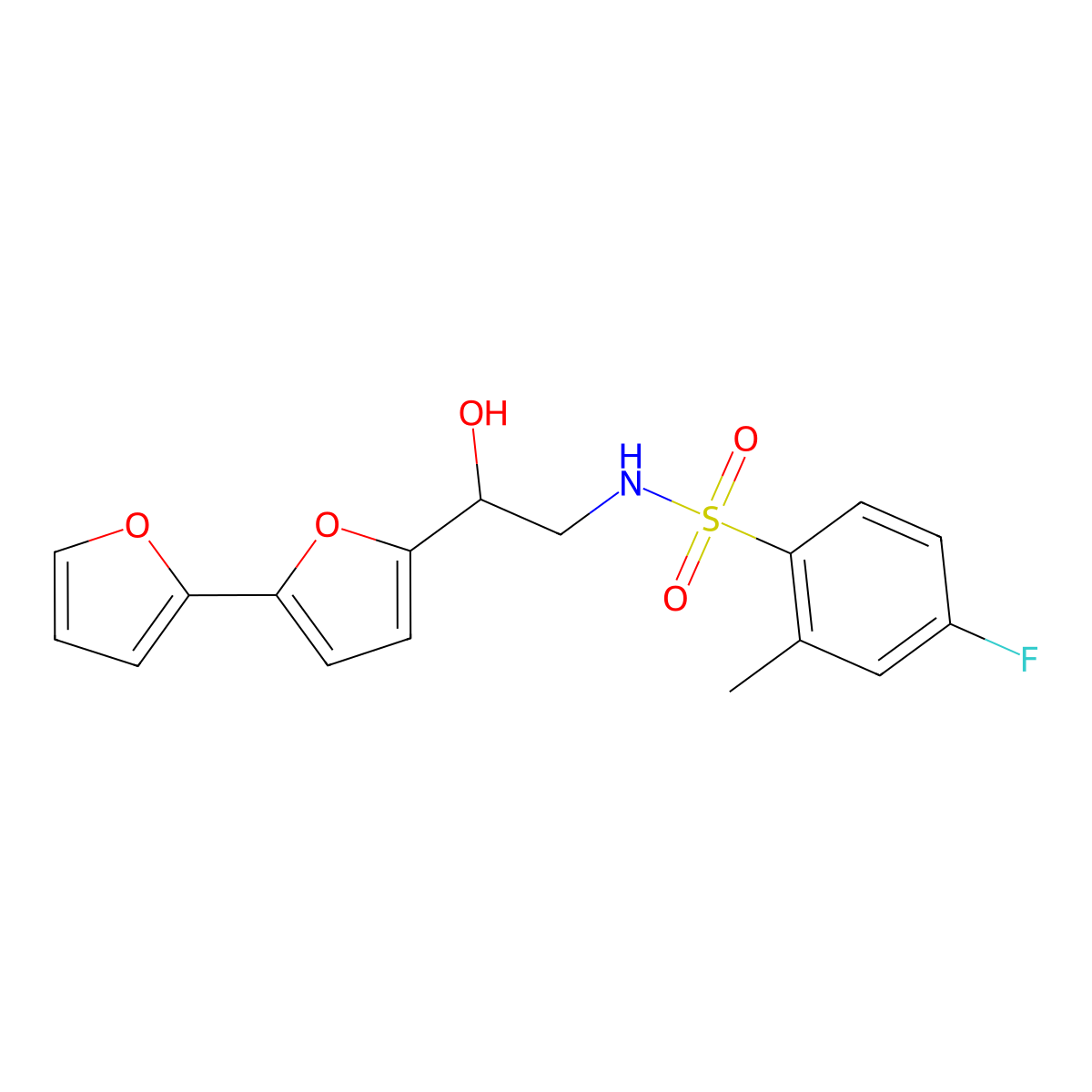 N-(2-{[2,2'-bifuran]-5-yl}-2-hydroxyethyl)-4-fluoro-2-methylbenzene-1-sulfonamide molecular structure, CAS 2320858-28-2