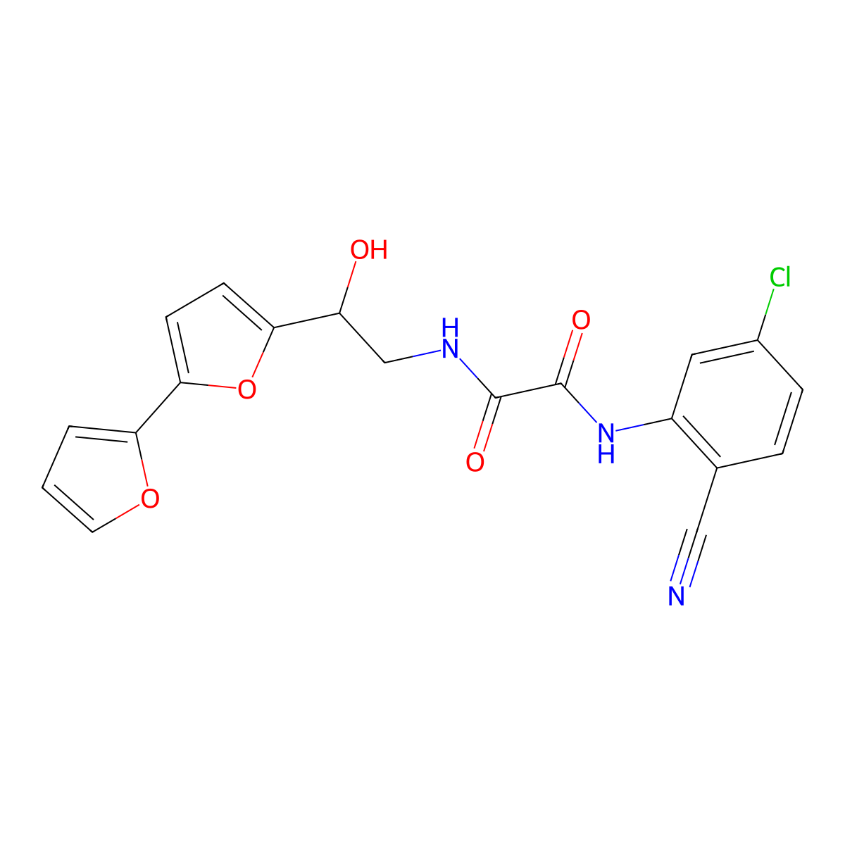 N-(2-{[2,2'-bifuran]-5-yl}-2-hydroxyethyl)-N'-(5-chloro-2-cyanophenyl)ethanediamide molecular structure, CAS 2320858-44-2