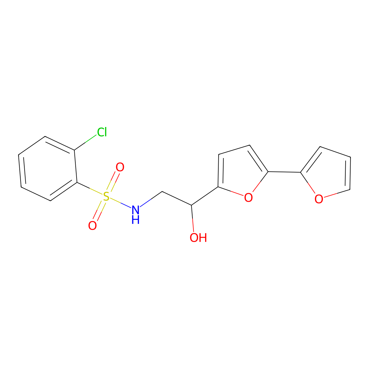 N-(2-{[2,2'-bifuran]-5-yl}-2-hydroxyethyl)-2-chlorobenzene-1-sulfonamide molecular structure, CAS 2320858-60-2