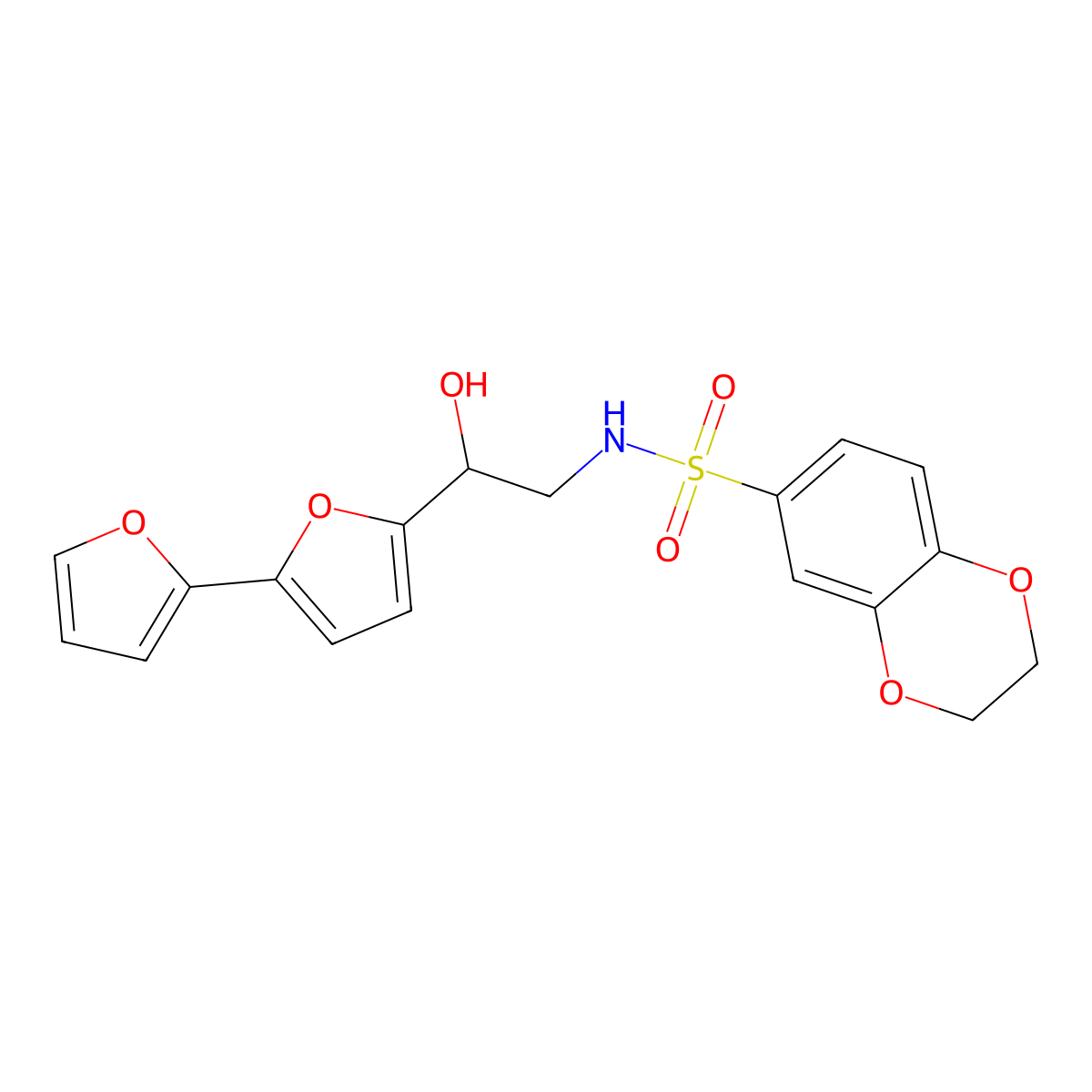 N-(2-{[2,2'-bifuran]-5-yl}-2-hydroxyethyl)-2,3-dihydro-1,4-benzodioxine-6-sulfonamide molecular structure, CAS 2320858-78-2