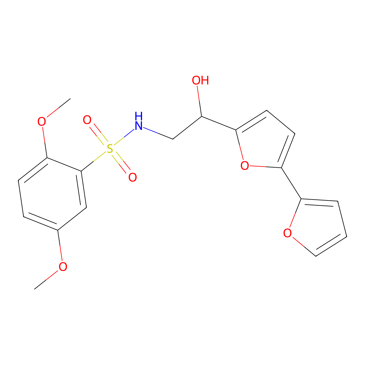 N-(2-{[2,2'-bifuran]-5-yl}-2-hydroxyethyl)-2,5-dimethoxybenzene-1-sulfonamide molecular structure, CAS 2320858-88-4