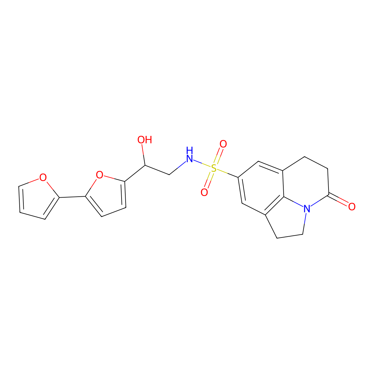 N-(2-{[2,2'-bifuran]-5-yl}-2-hydroxyethyl)-11-oxo-1-azatricyclo[6.3.1.0^{4,12}]dodeca-4(12),5,7-triene-6-sulfonamide molecular structure, CAS 2320858-95-3