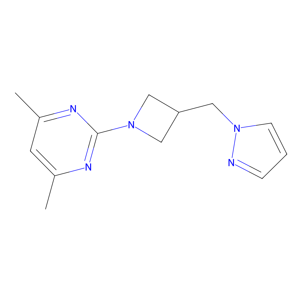 4,6-dimethyl-2-{3-[(1H-pyrazol-1-yl)methyl]azetidin-1-yl}pyrimidine molecular structure, CAS 2320859-00-3