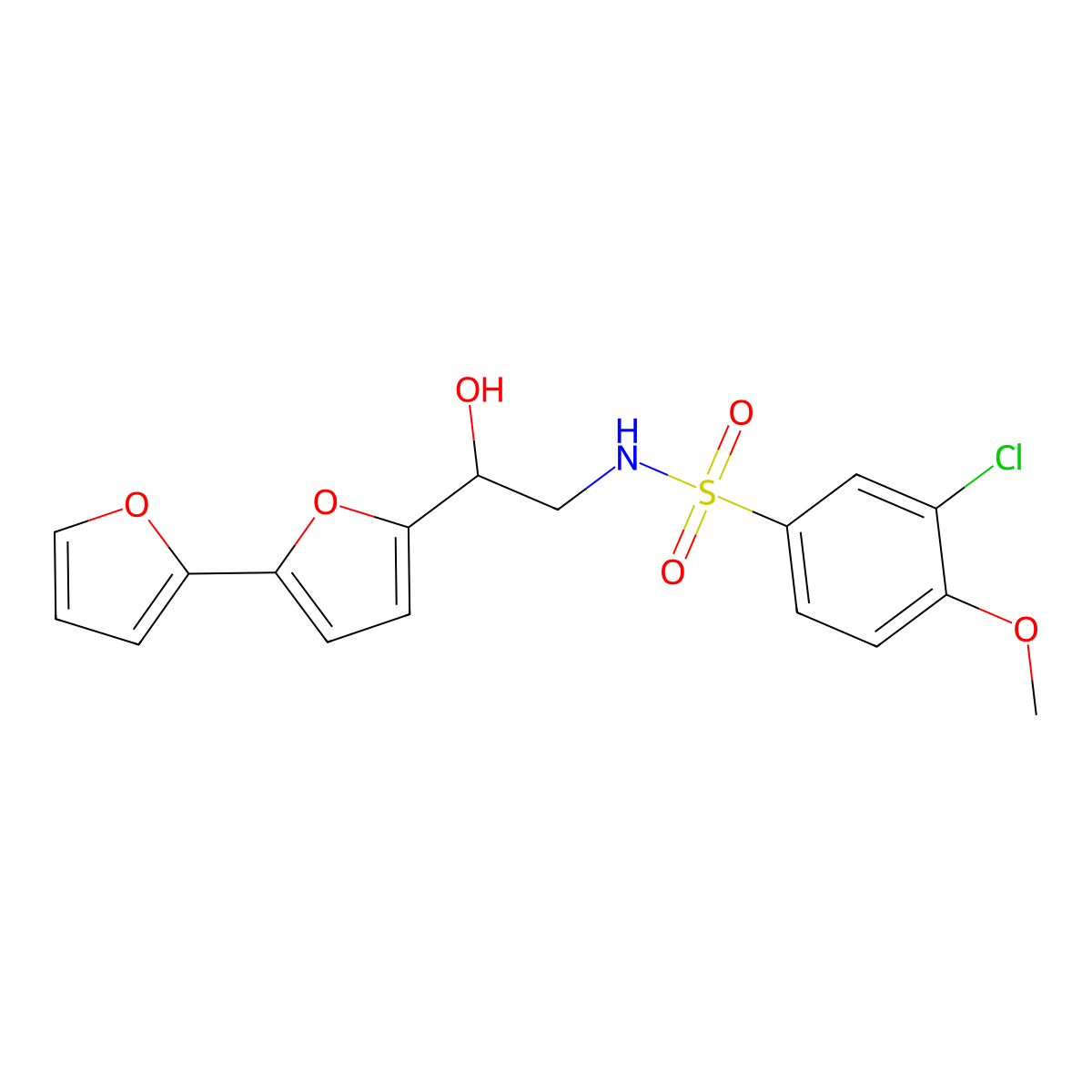N-(2-{[2,2'-bifuran]-5-yl}-2-hydroxyethyl)-3-chloro-4-methoxybenzene-1-sulfonamide molecular structure, CAS 2320859-16-1