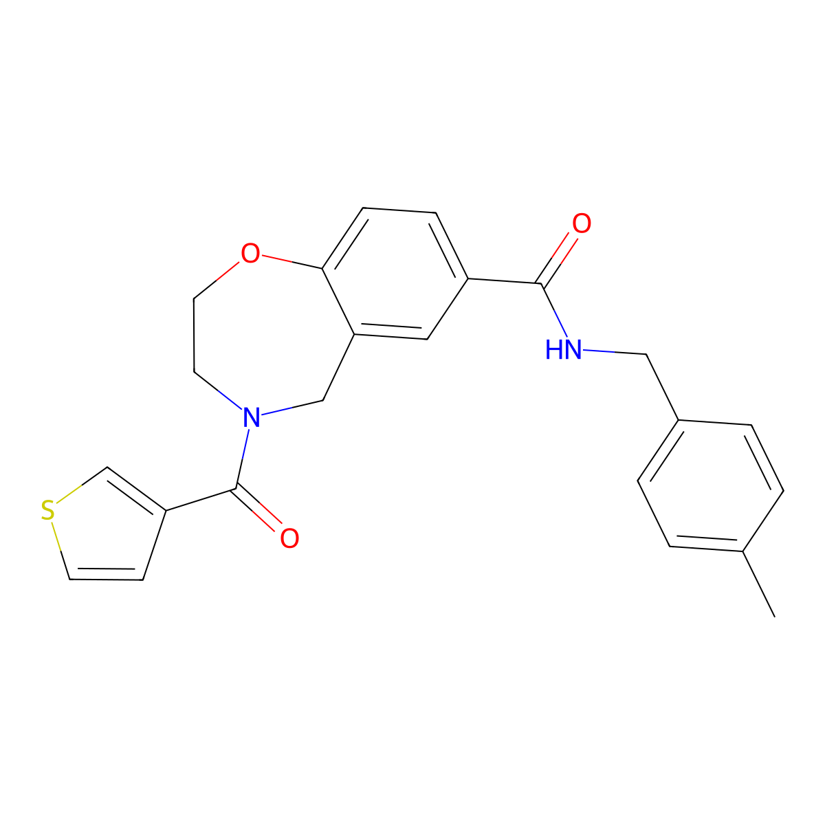 N-[(4-methylphenyl)methyl]-4-(thiophene-3-carbonyl)-2,3,4,5-tetrahydro-1,4-benzoxazepine-7-carboxamide molecular structure, CAS 2320859-35-4