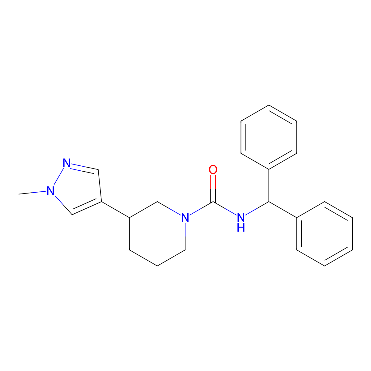 N-(diphenylmethyl)-3-(1-methyl-1H-pyrazol-4-yl)piperidine-1-carboxamide molecular structure, CAS 2320859-56-9