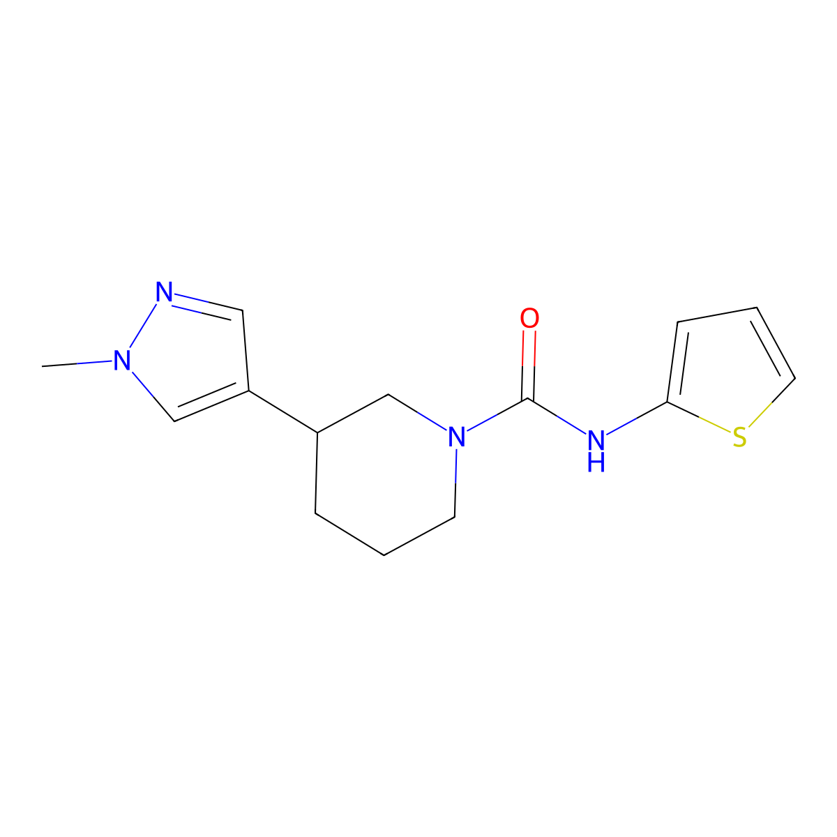 3-(1-methyl-1H-pyrazol-4-yl)-N-(thiophen-2-yl)piperidine-1-carboxamide molecular structure, CAS 2320860-68-0