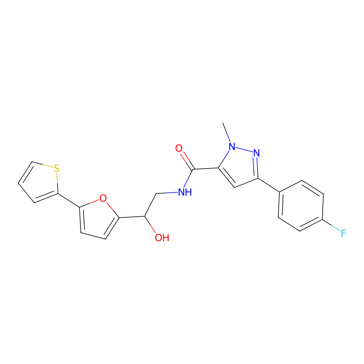 3-(4-fluorophenyl)-N-{2-hydroxy-2-[5-(thiophen-2-yl)furan-2-yl]ethyl}-1-methyl-1H-pyrazole-5-carboxamide molecular structure, CAS 2320860-83-9