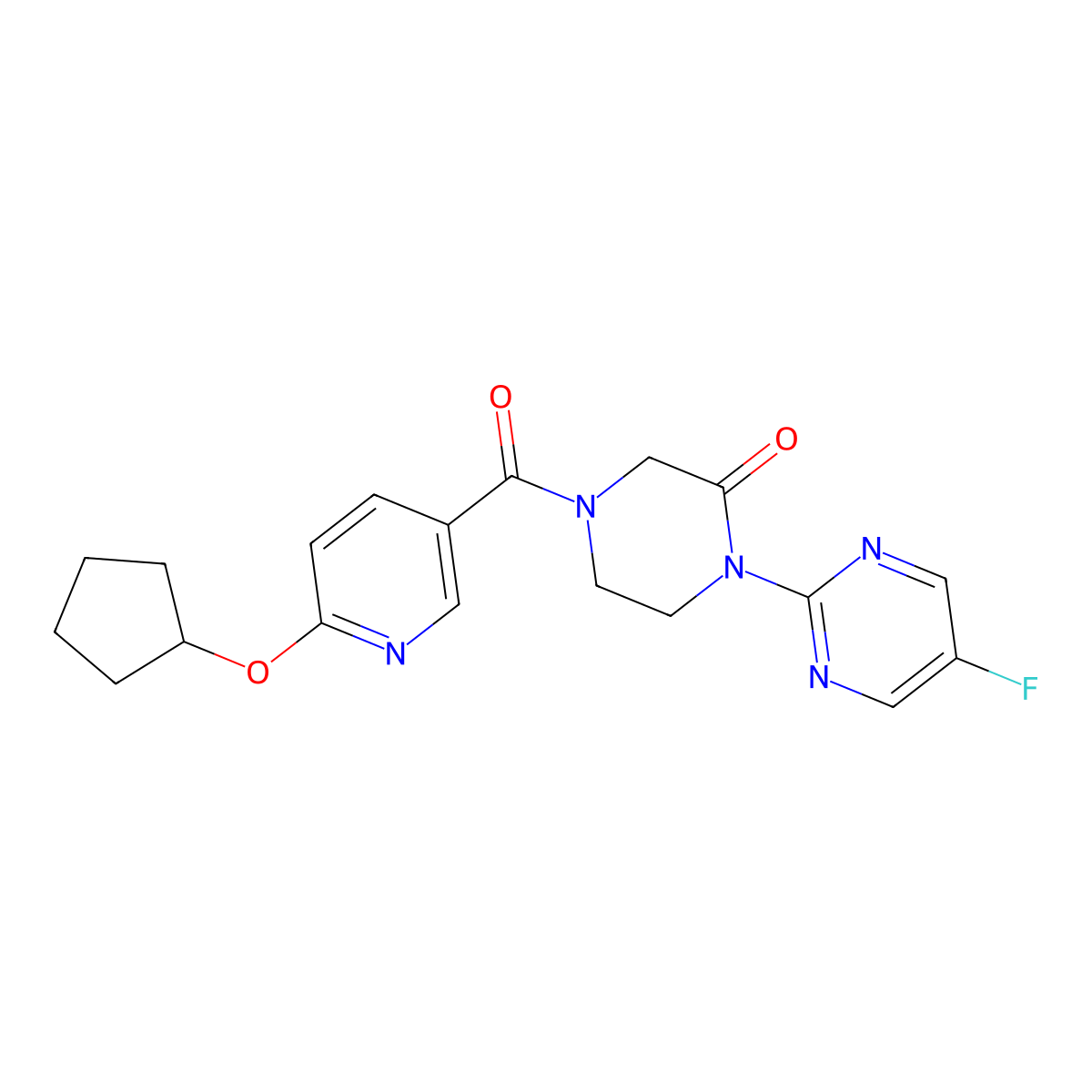 4-[6-(Cyclopentyloxy)pyridine-3-carbonyl]-1-(5-fluoropyrimidin-2-yl)piperazin-2-one molecular structure, CAS 2320860-92-0