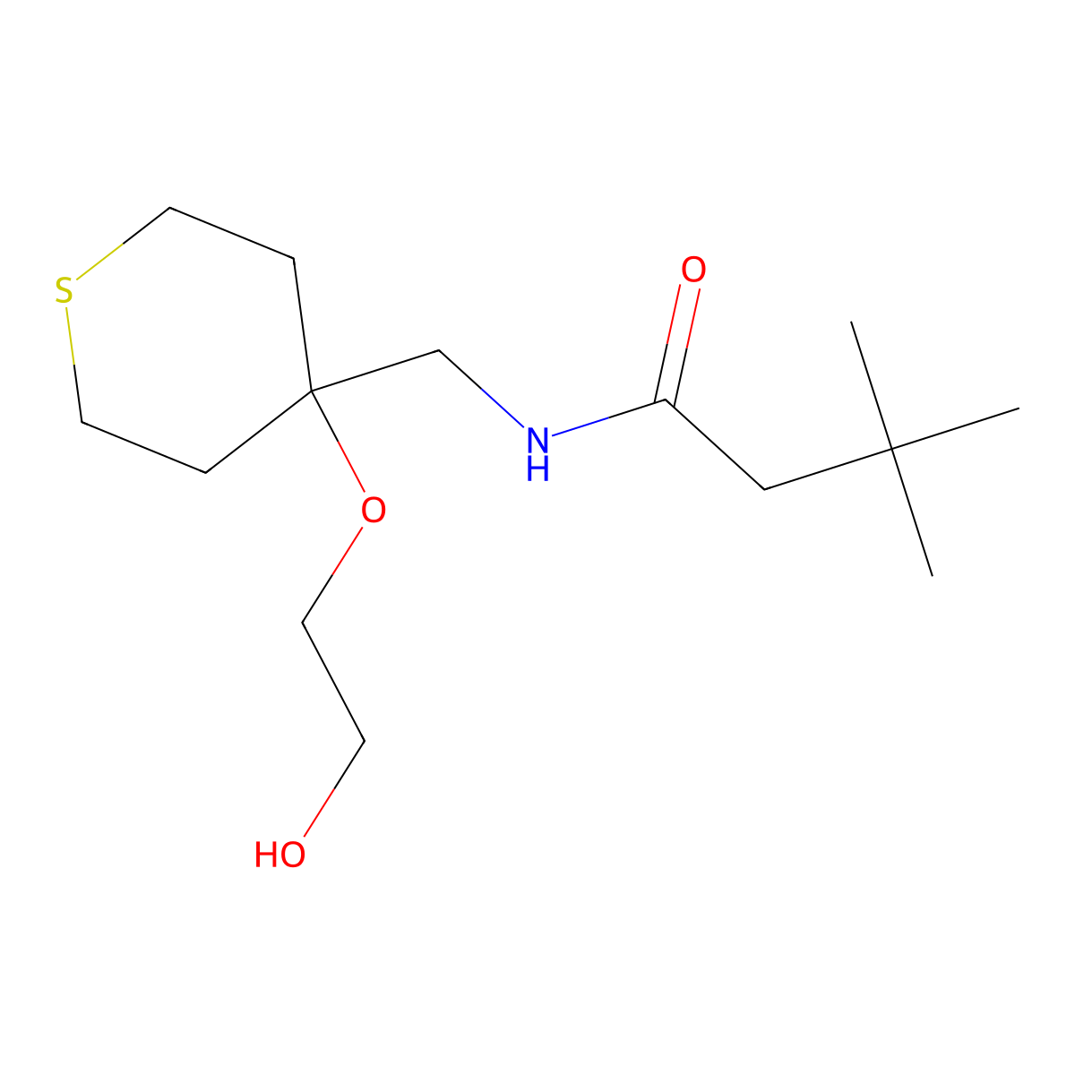 N-((4-(2-hydroxyethoxy)tetrahydro-2H-thiopyran-4-yl)methyl)-3,3-dimethylbutanamide molecular structure, CAS 2320861-16-1