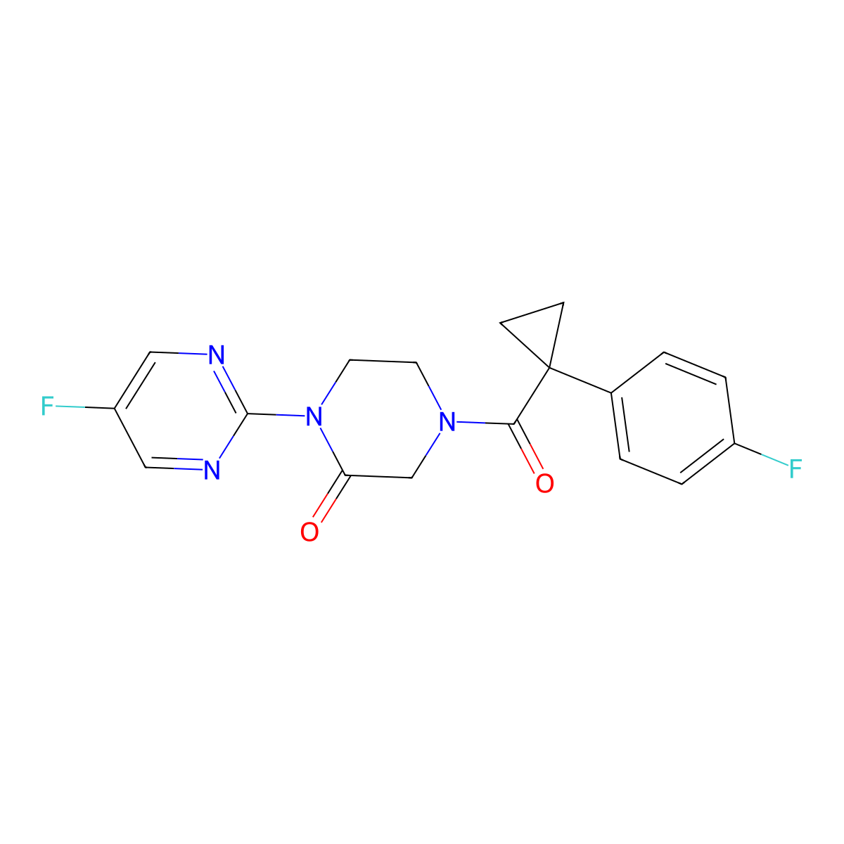 4-[1-(4-Fluorophenyl)cyclopropanecarbonyl]-1-(5-fluoropyrimidin-2-yl)piperazin-2-one molecular structure, CAS 2320861-29-6