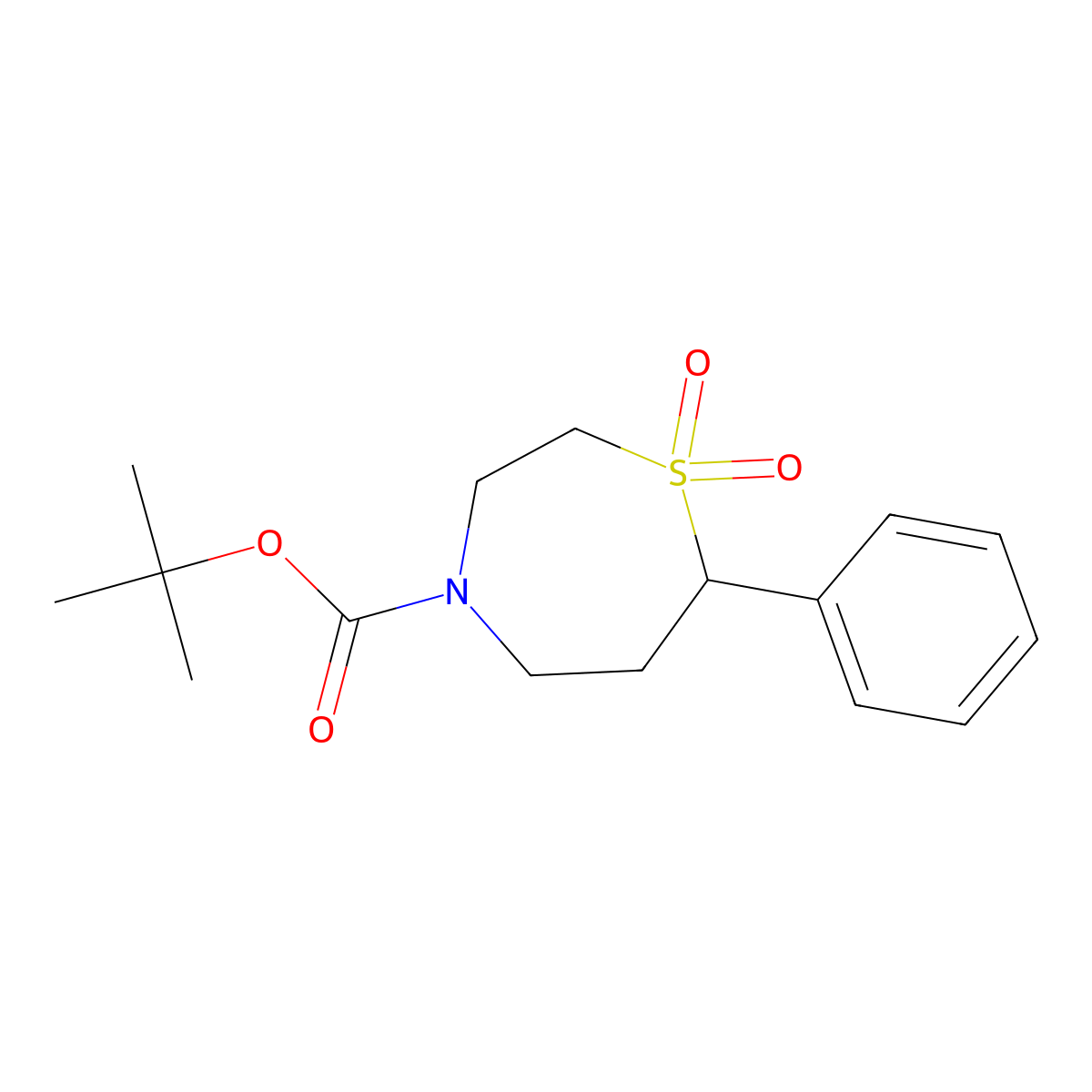 Tert-butyl 7-phenyl-1,4-thiazepane-4-carboxylate 1,1-dioxide molecular structure, CAS 2320861-43-4