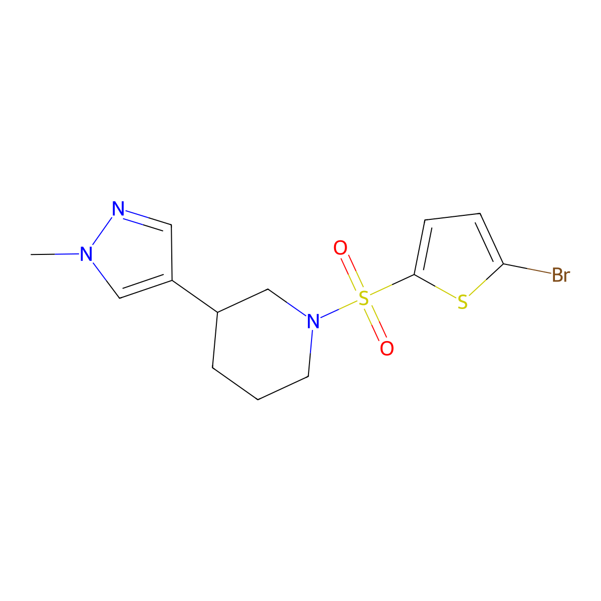 1-[(5-bromothiophen-2-yl)sulfonyl]-3-(1-methyl-1H-pyrazol-4-yl)piperidine molecular structure, CAS 2320861-44-5